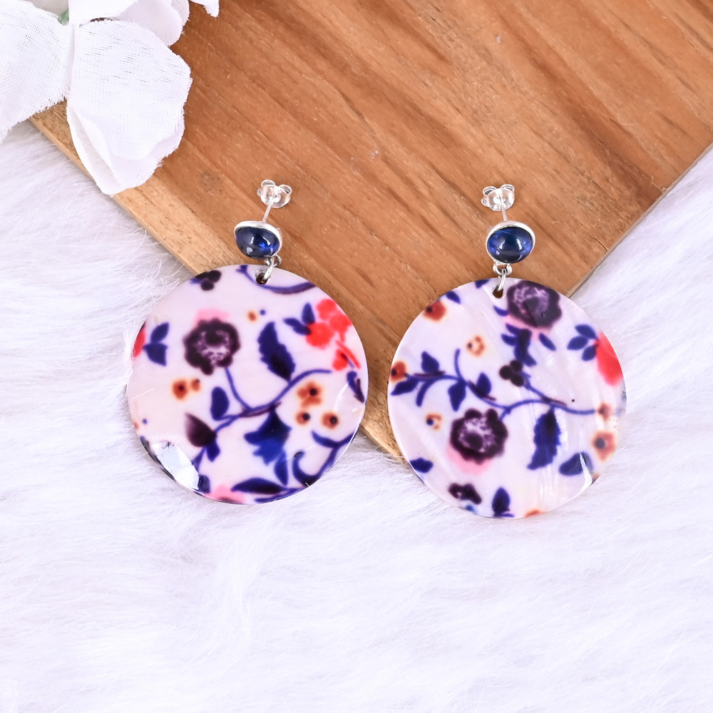 Image of Ink Blue Hydro  &amp; Mother of Pearl Resin Art Dangle Earring | 925 Sterling Silver