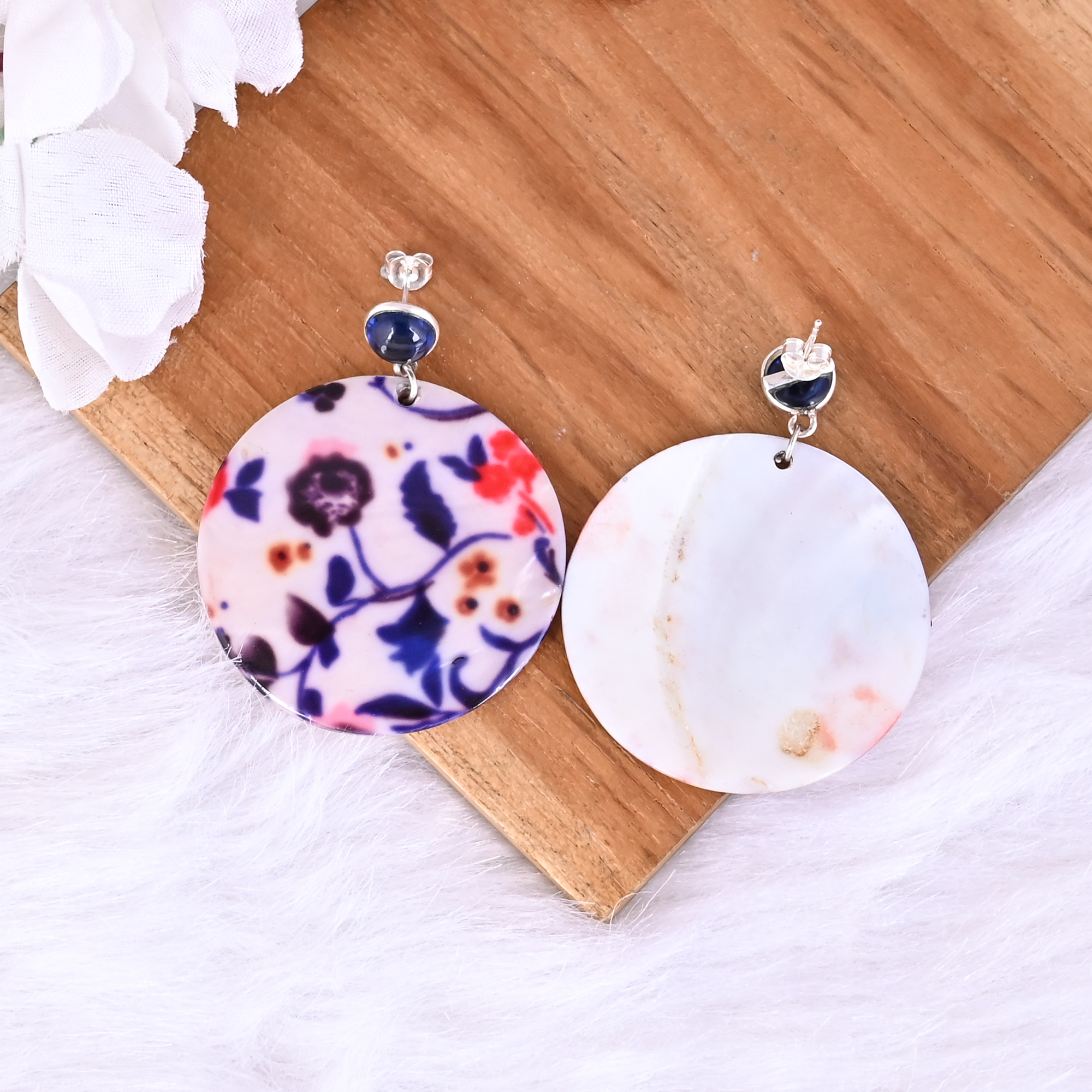 Ink Blue Hydro   Mother of Pearl Resin Art Dangle Earring  925 Sterling Silver