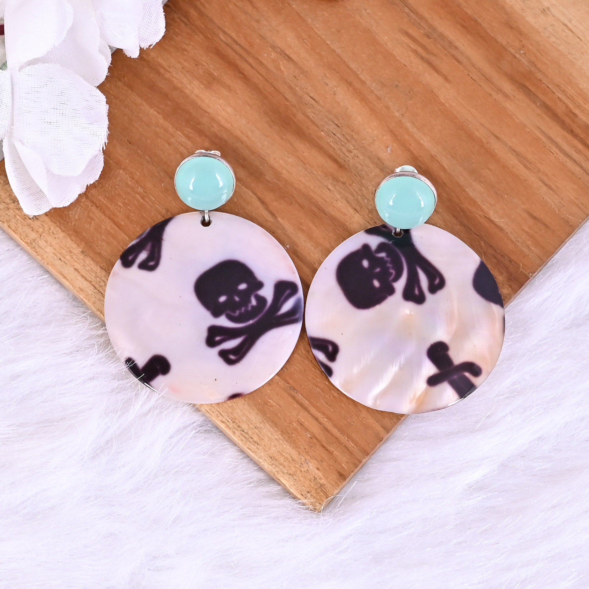 Aqua Chalcedony  Mother of Pearl Resin Art Dangle Earring  925 Sterling Silver