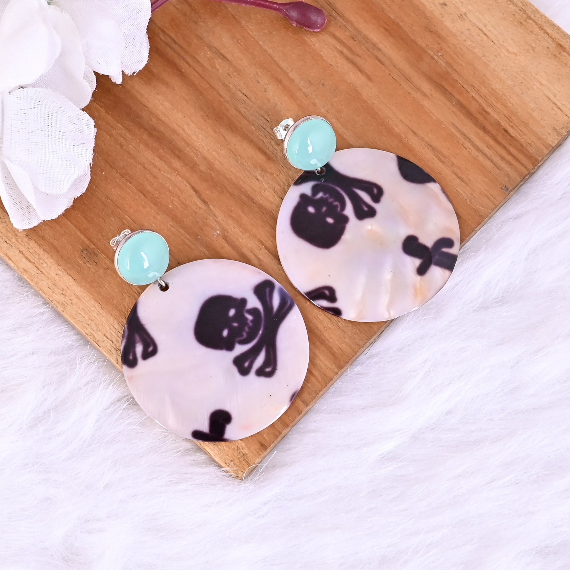 Aqua Chalcedony  Mother of Pearl Resin Art Dangle Earring  925 Sterling Silver