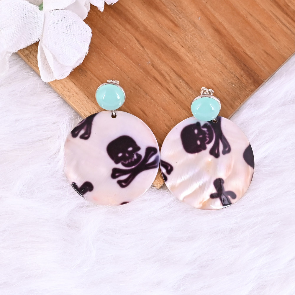 Image of Aqua Chalcedony &amp; Mother of Pearl Resin Art Dangle Earring | 925 Sterling Silver