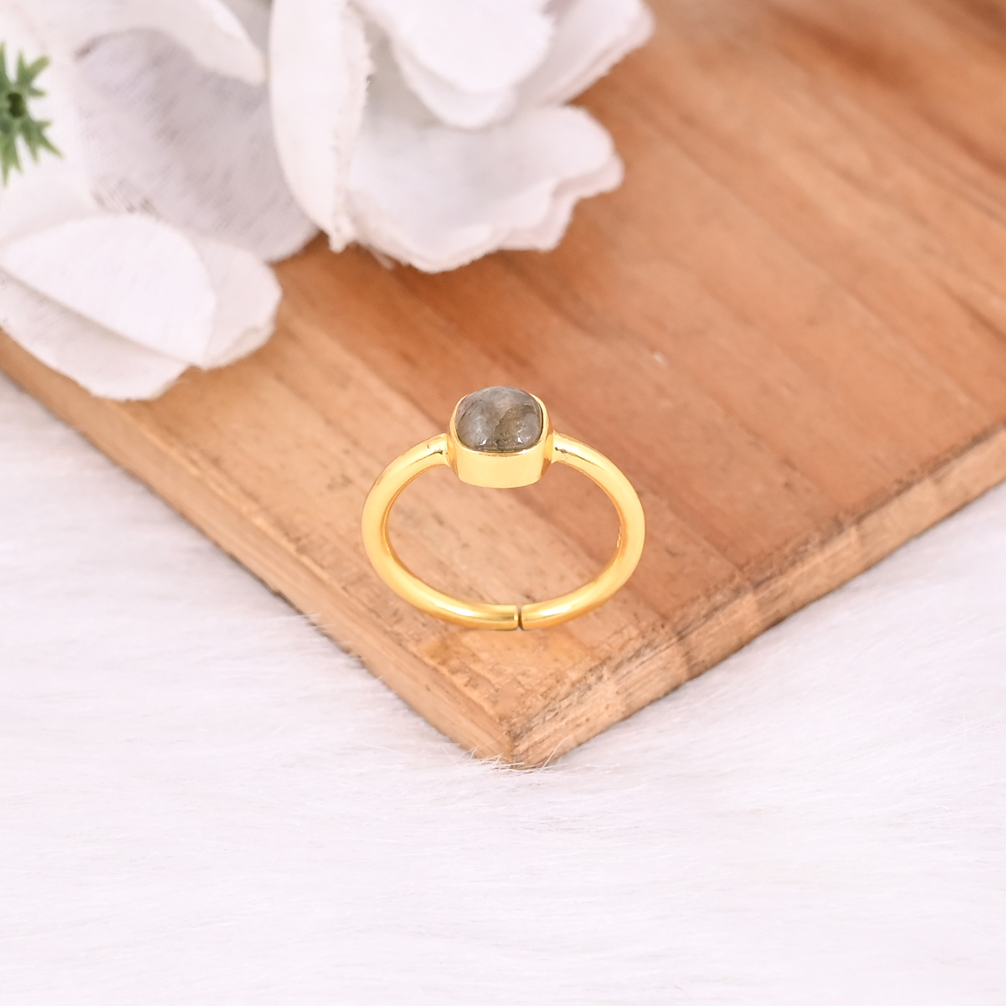 Natural Labradorite Gemstone Solid 925 Sterling Silver Yellow Gold Plated Handmade Stacking Band Adjustable Ring