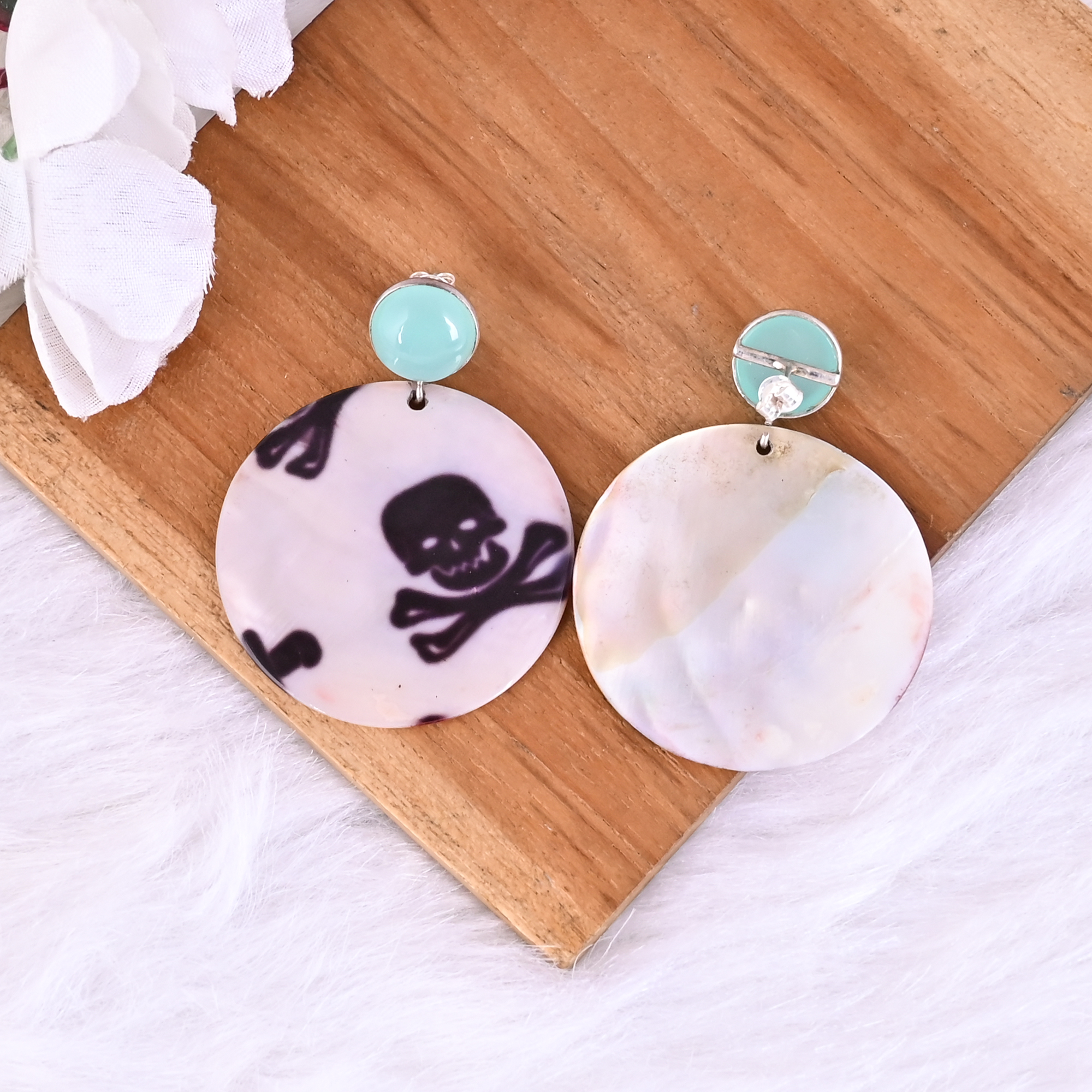 Aqua Chalcedony  Mother of Pearl Resin Art Dangle Earring  925 Sterling Silver