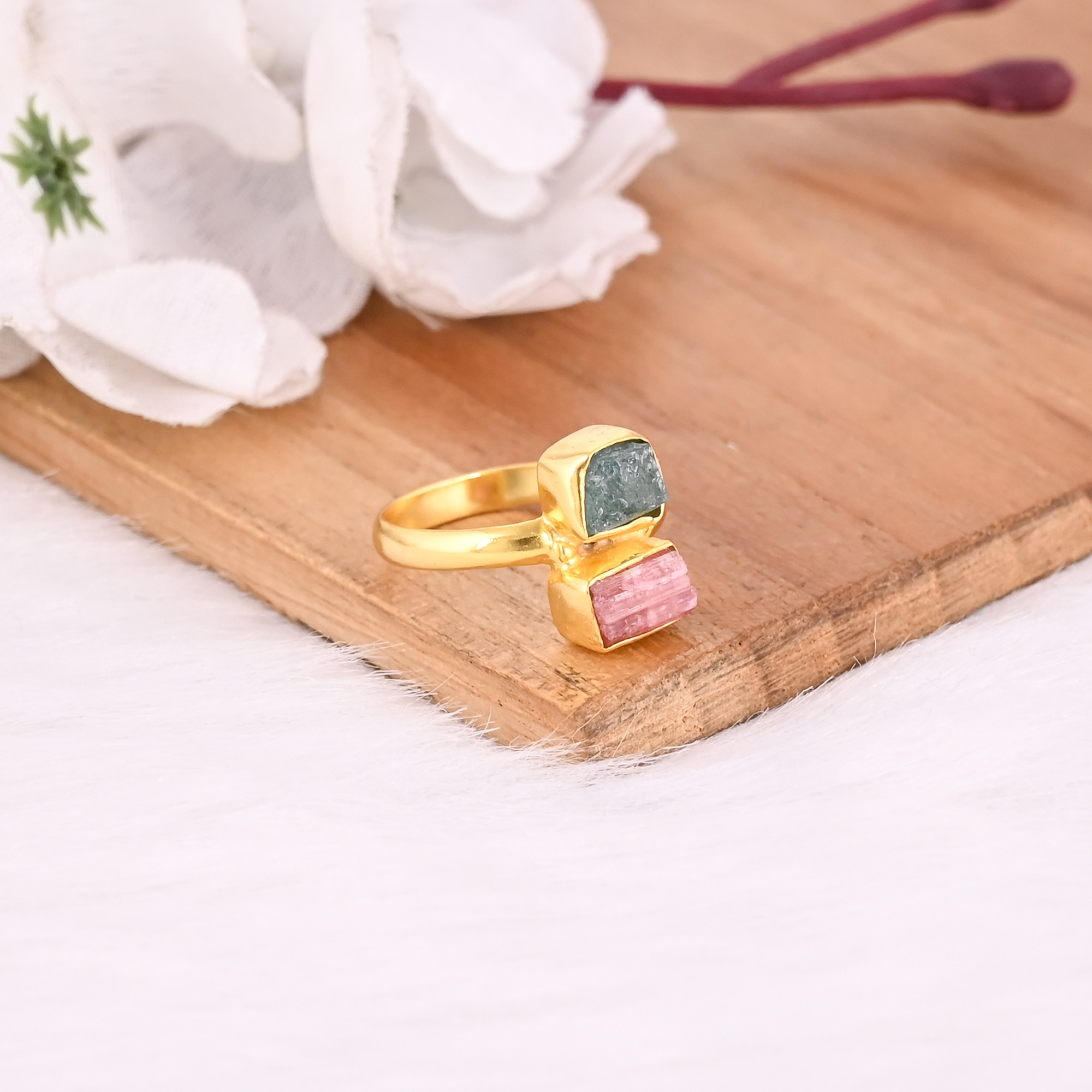 Natural Tourmaline Aquamarine Rough Gemstone Solid 925 Sterling Silver Yellow Gold Plated Handmade Ring