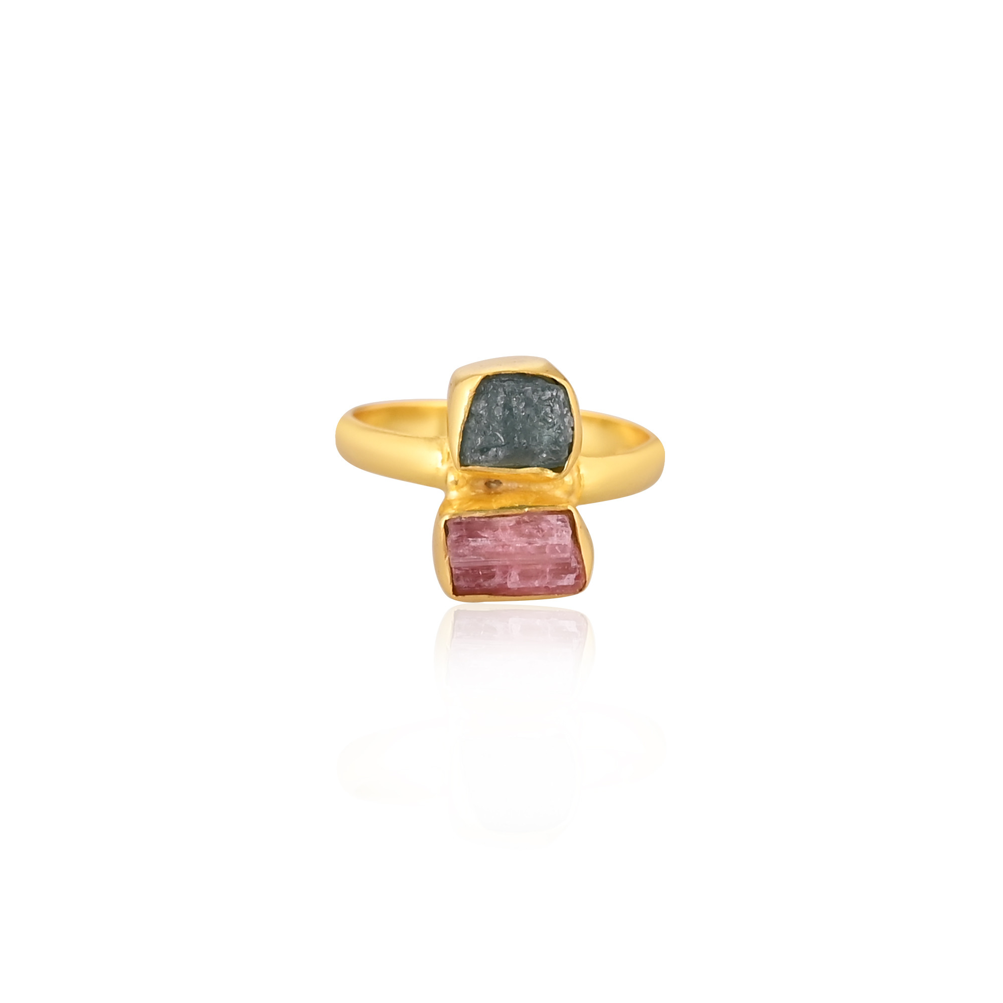 Natural Tourmaline Aquamarine Rough Gemstone Solid 925 Sterling Silver Yellow Gold Plated Handmade Ring