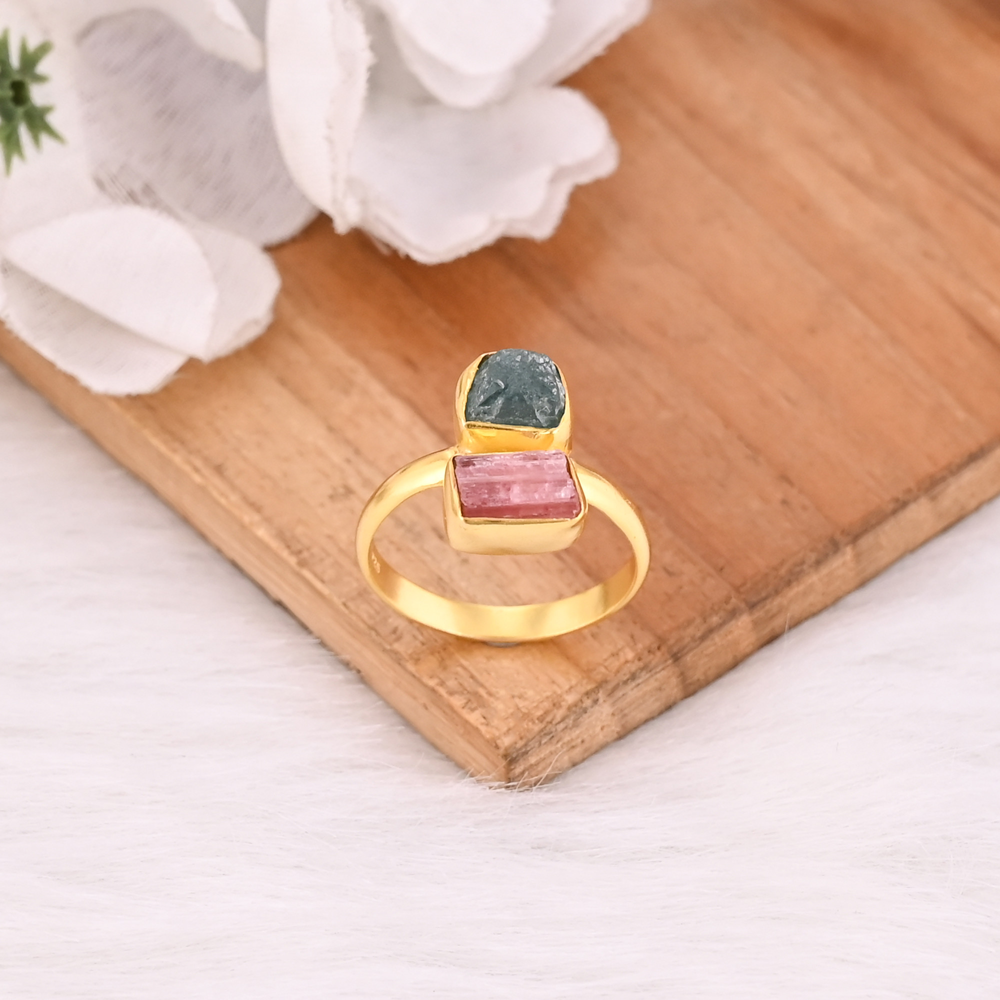 Natural Tourmaline Aquamarine Rough Gemstone Solid 925 Sterling Silver Yellow Gold Plated Handmade Ring
