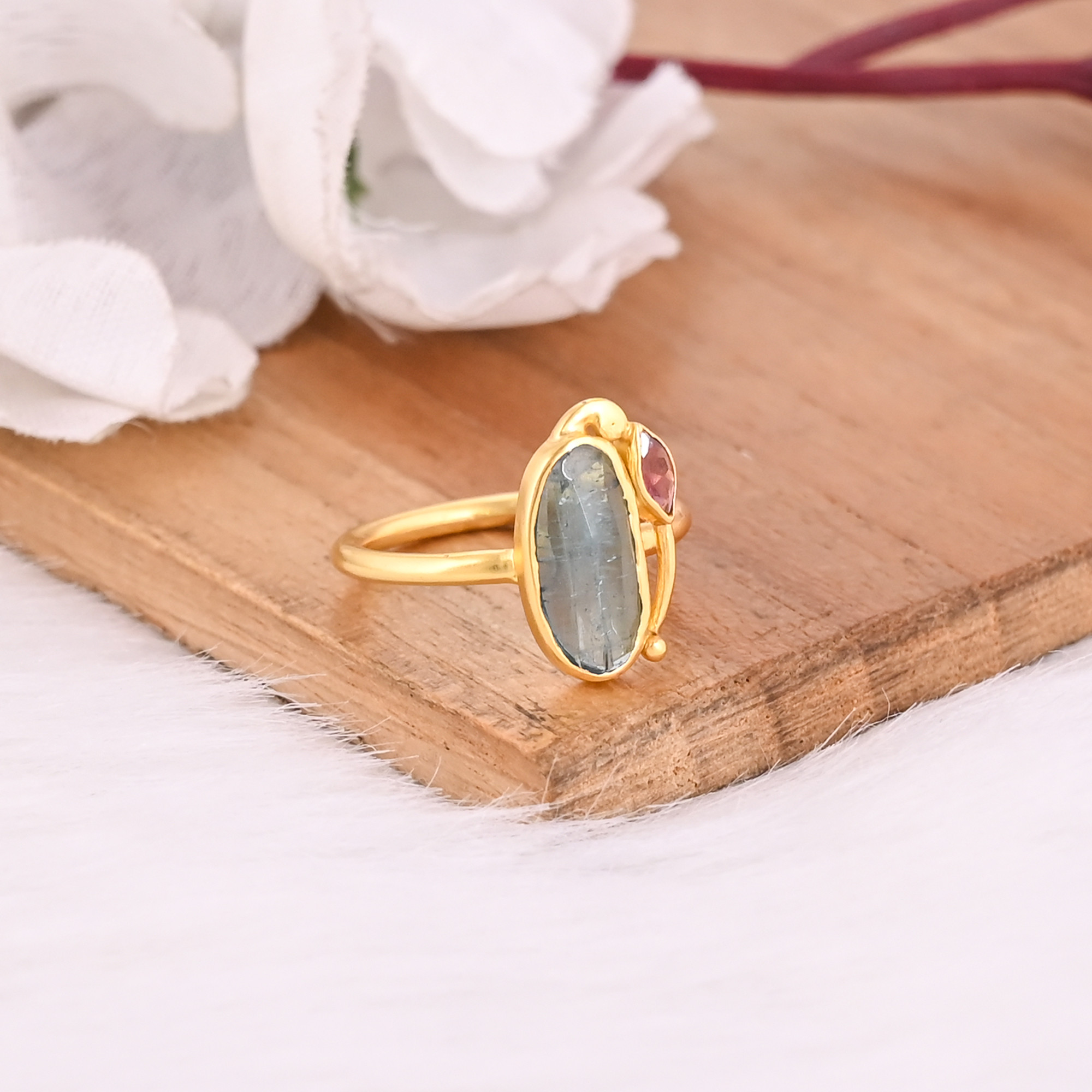 Natural Tourmaline Gemstone Solid 925 Sterling Silver Yellow Gold Plated Statement Ring Gift For Her