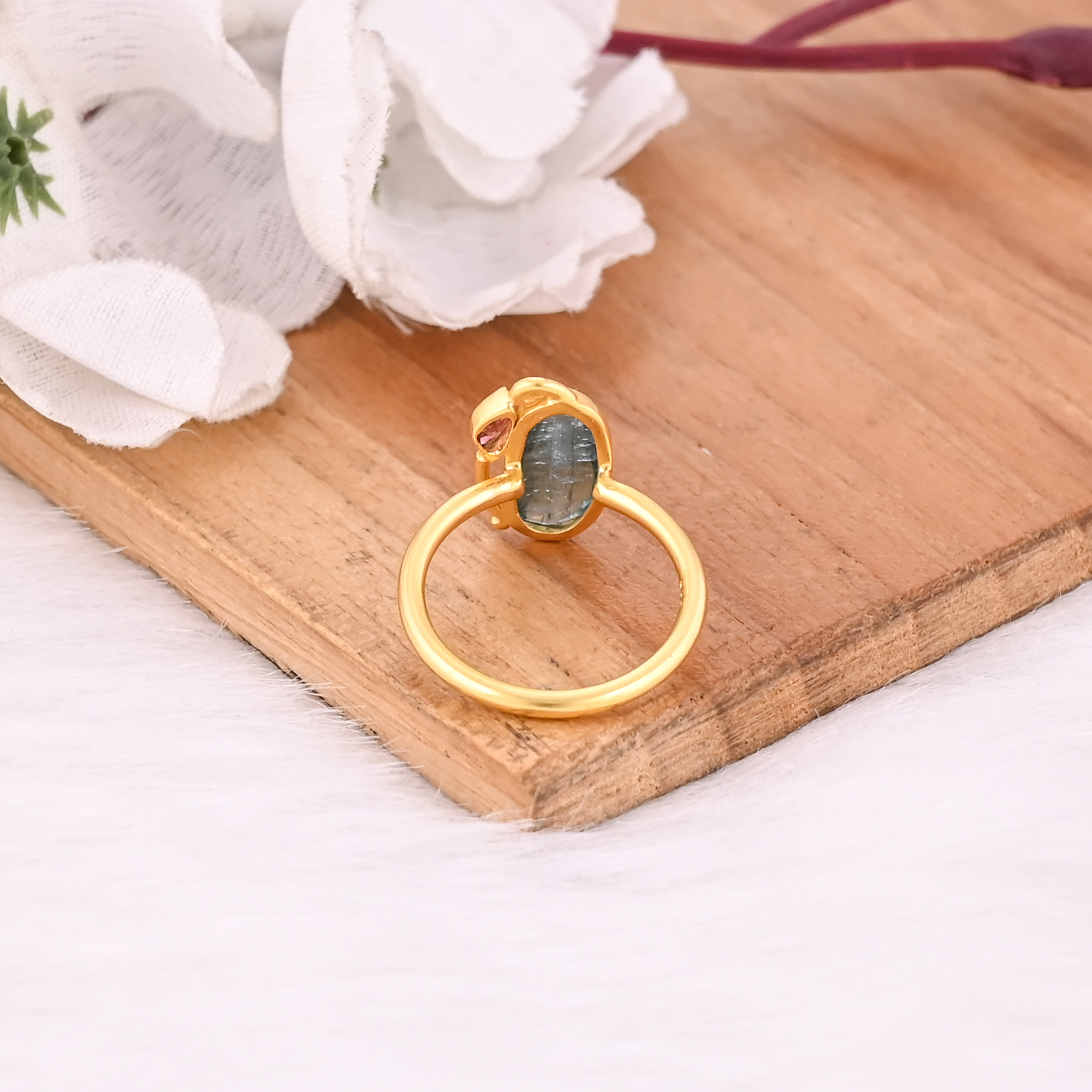 Natural Tourmaline Gemstone Solid 925 Sterling Silver Yellow Gold Plated Statement Ring Gift For Her