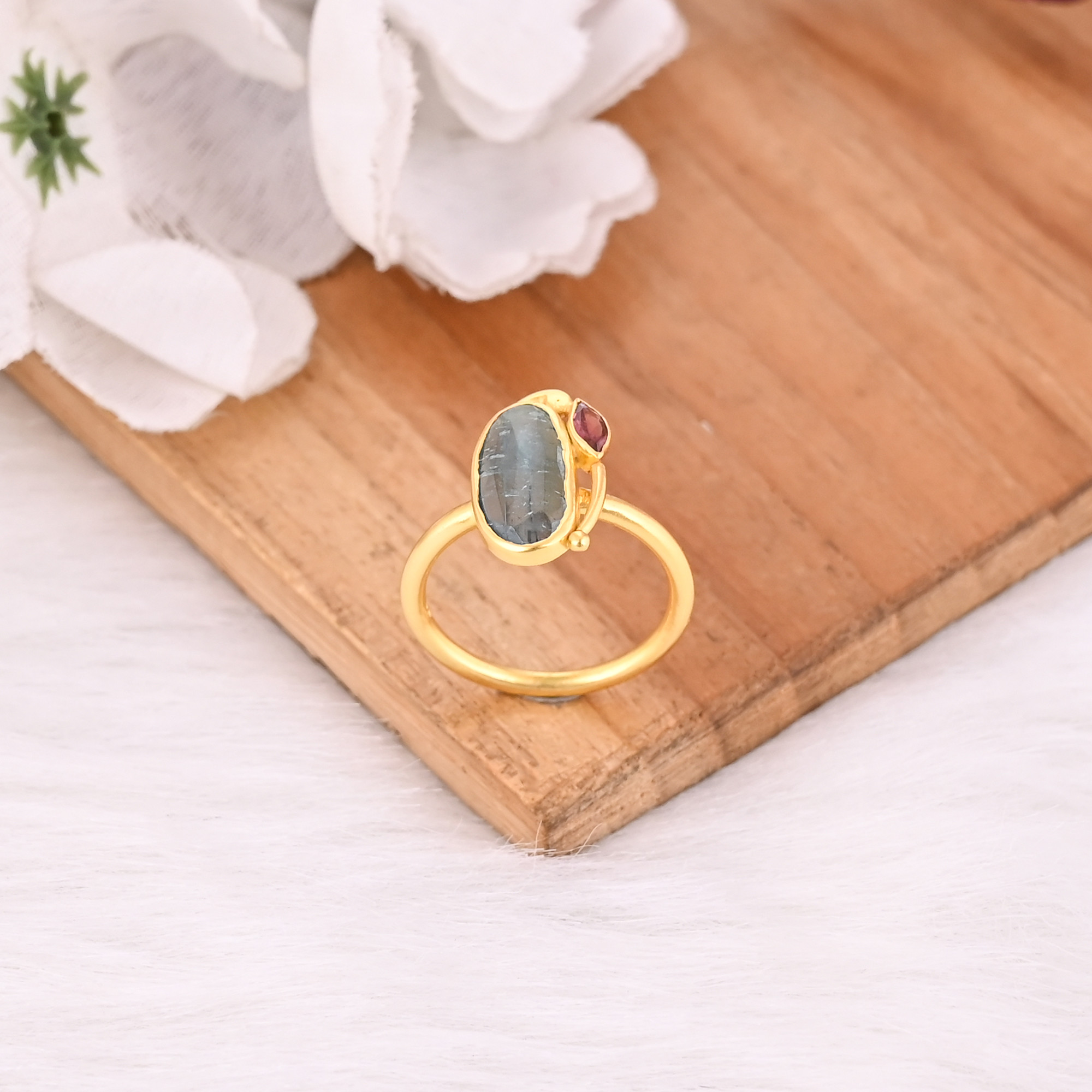 Natural Tourmaline Gemstone Solid 925 Sterling Silver Yellow Gold Plated Statement Ring Gift For Her