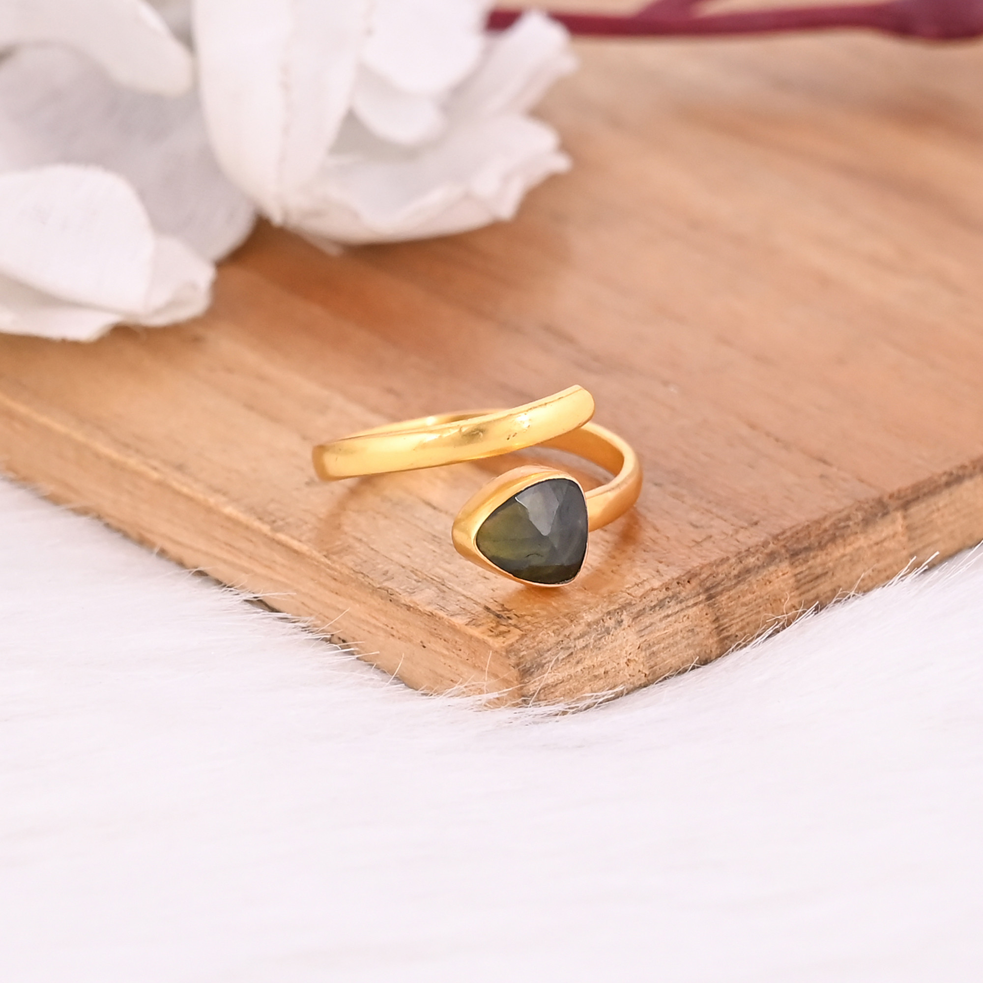 Natural Tourmaline Gemstone Solid 925 Sterling Silver Yellow Gold Plated Designer Band Adjustable Ring