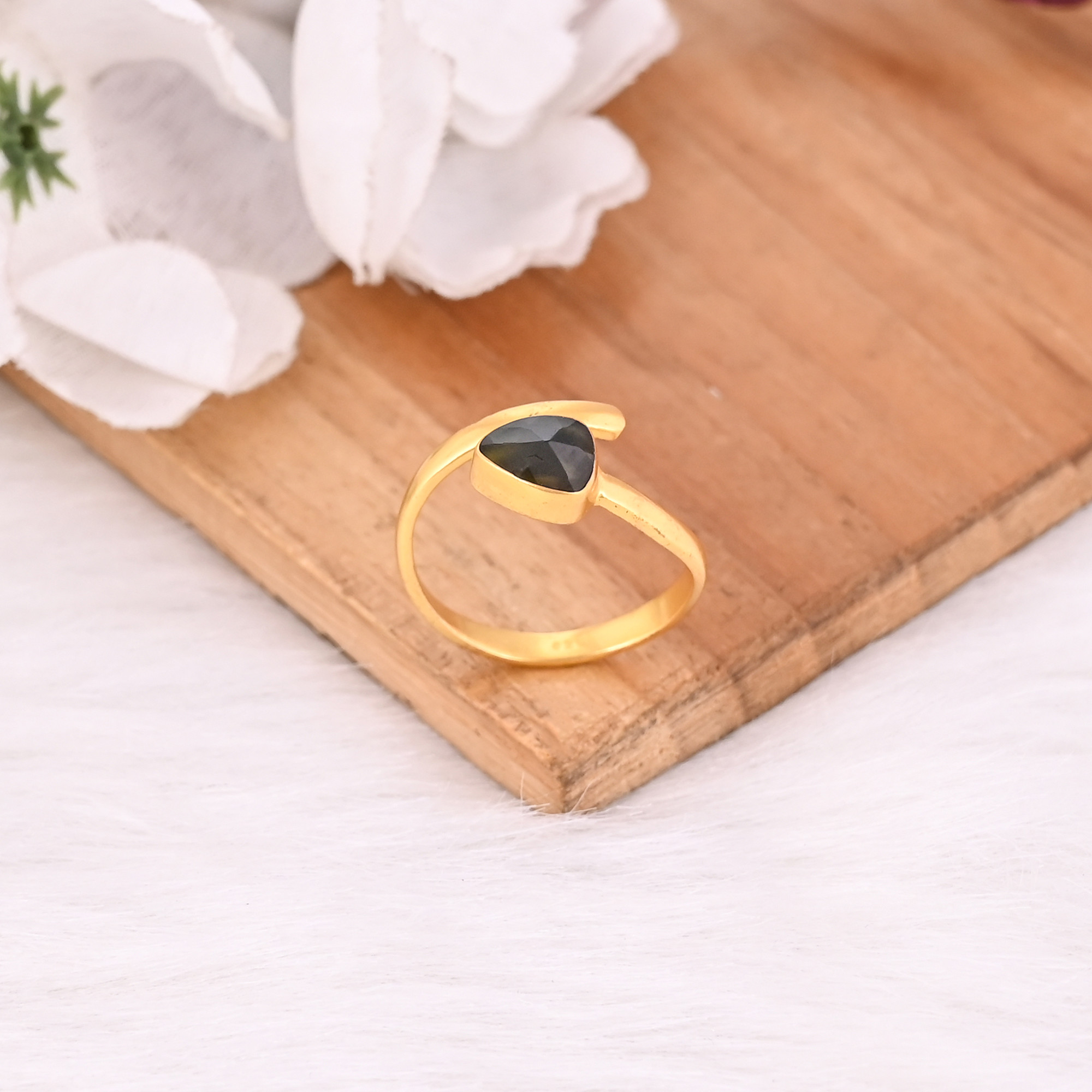 Natural Tourmaline Gemstone Solid 925 Sterling Silver Yellow Gold Plated Designer Band Adjustable Ring