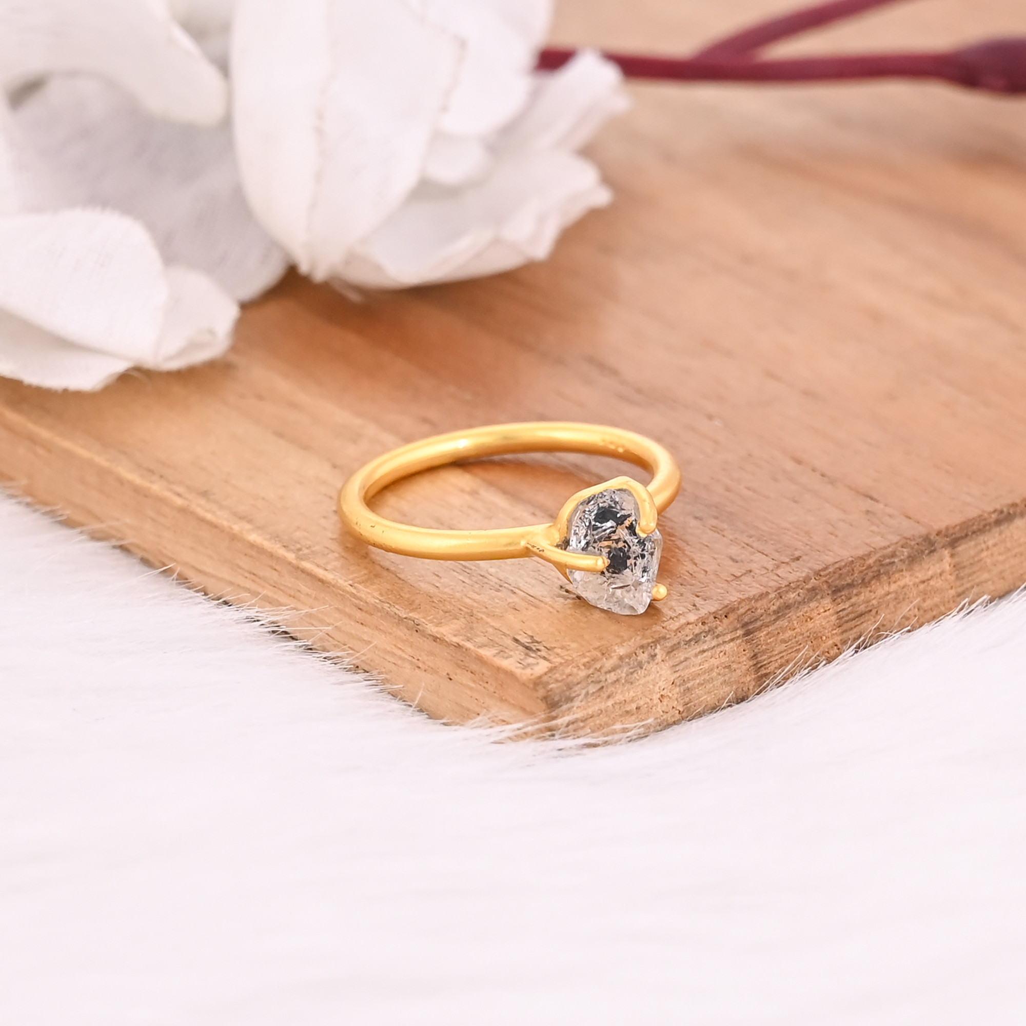 Natural Herkimer Diamond Gemstone Solid 925 Sterling Silver Yellow Gold Plated Handmade Stacking Band Prong Setting Ring