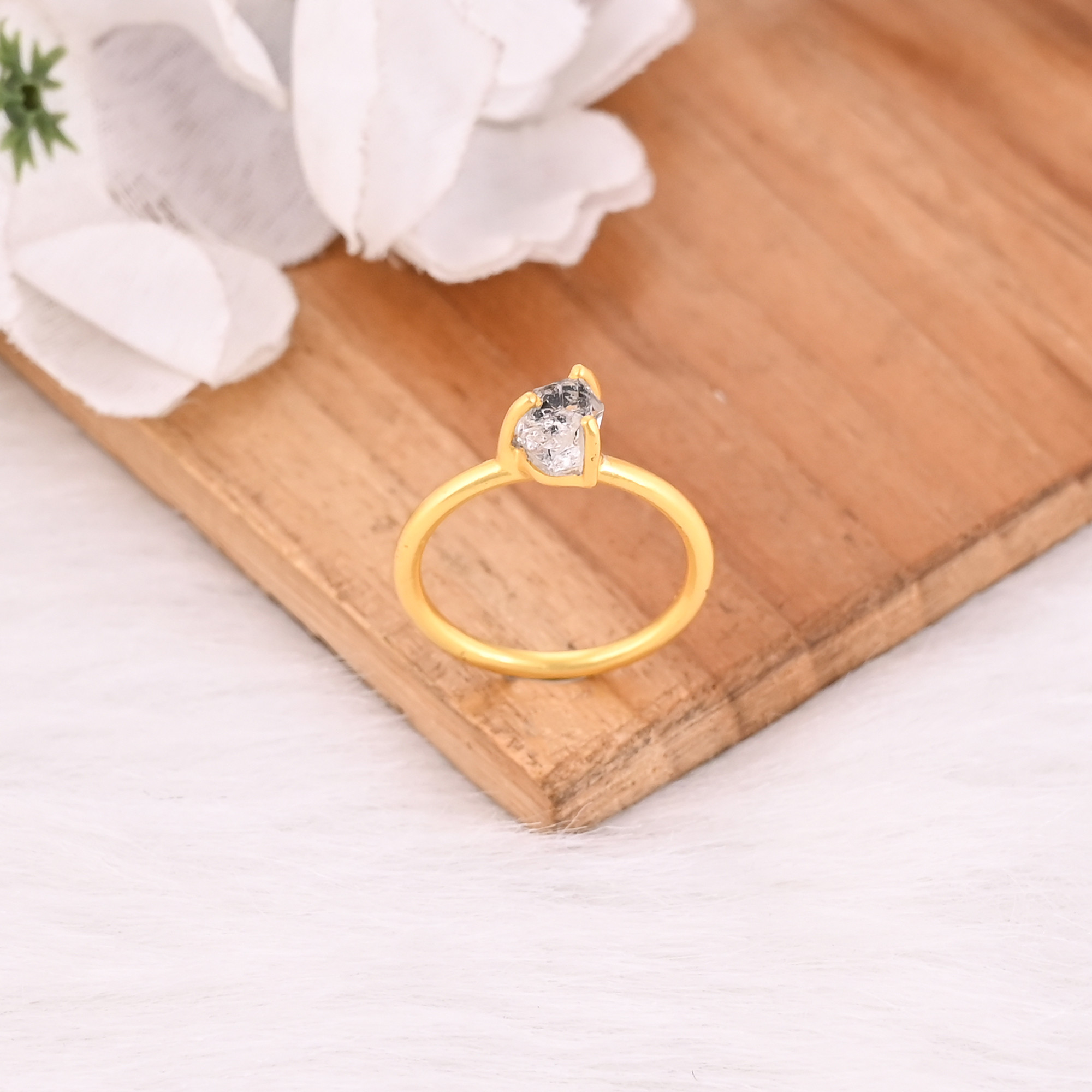Natural Herkimer Diamond Gemstone Solid 925 Sterling Silver Yellow Gold Plated Handmade Stacking Band Prong Setting Ring