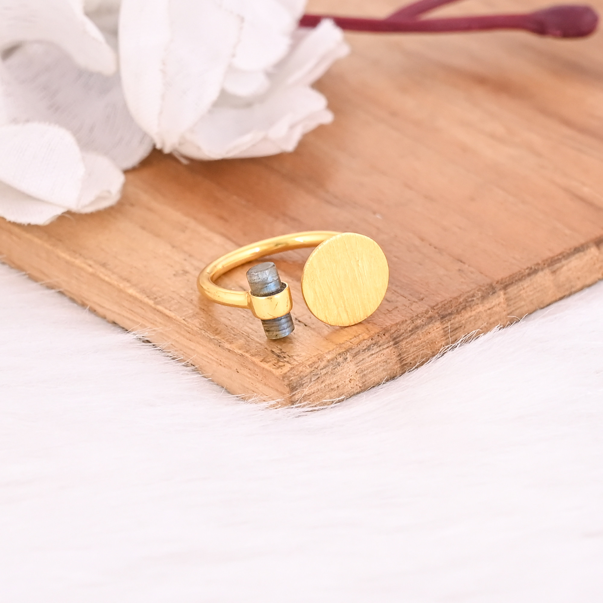 Natural Blue Labradorite Gemstone Solid 925 Sterling Silver Yellow Gold Plated Handmade Stacking Band Adjustable Fine Ring