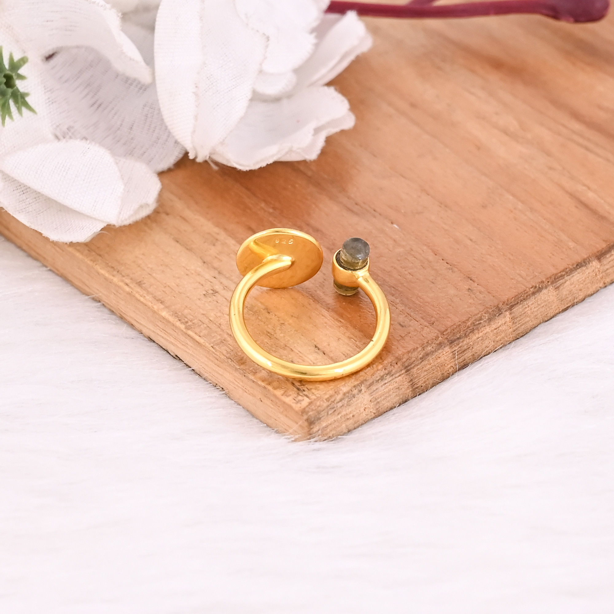 Natural Blue Labradorite Gemstone Solid 925 Sterling Silver Yellow Gold Plated Handmade Stacking Band Adjustable Fine Ring