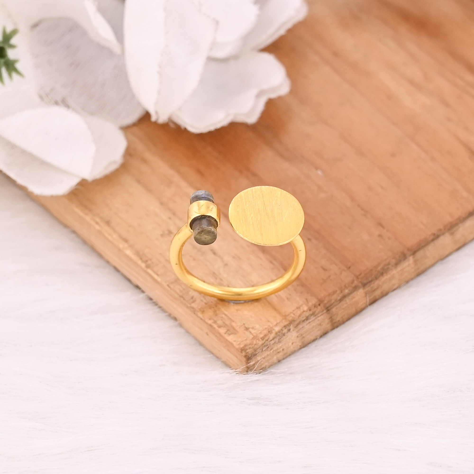 Natural Blue Labradorite Gemstone Solid 925 Sterling Silver Yellow Gold Plated Handmade Stacking Band Adjustable Fine Ring