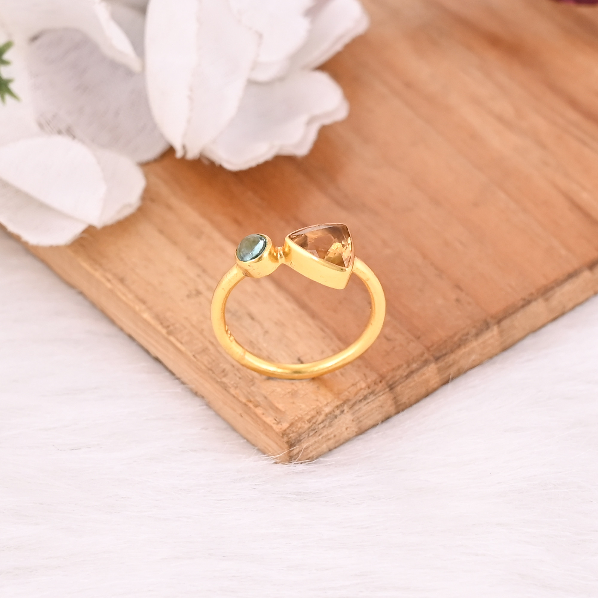 Natural Citrine Blue Topaz Gemstone Solid 925 Sterling Silver Yellow Gold Plated Wedding Gift Ring Jewelry