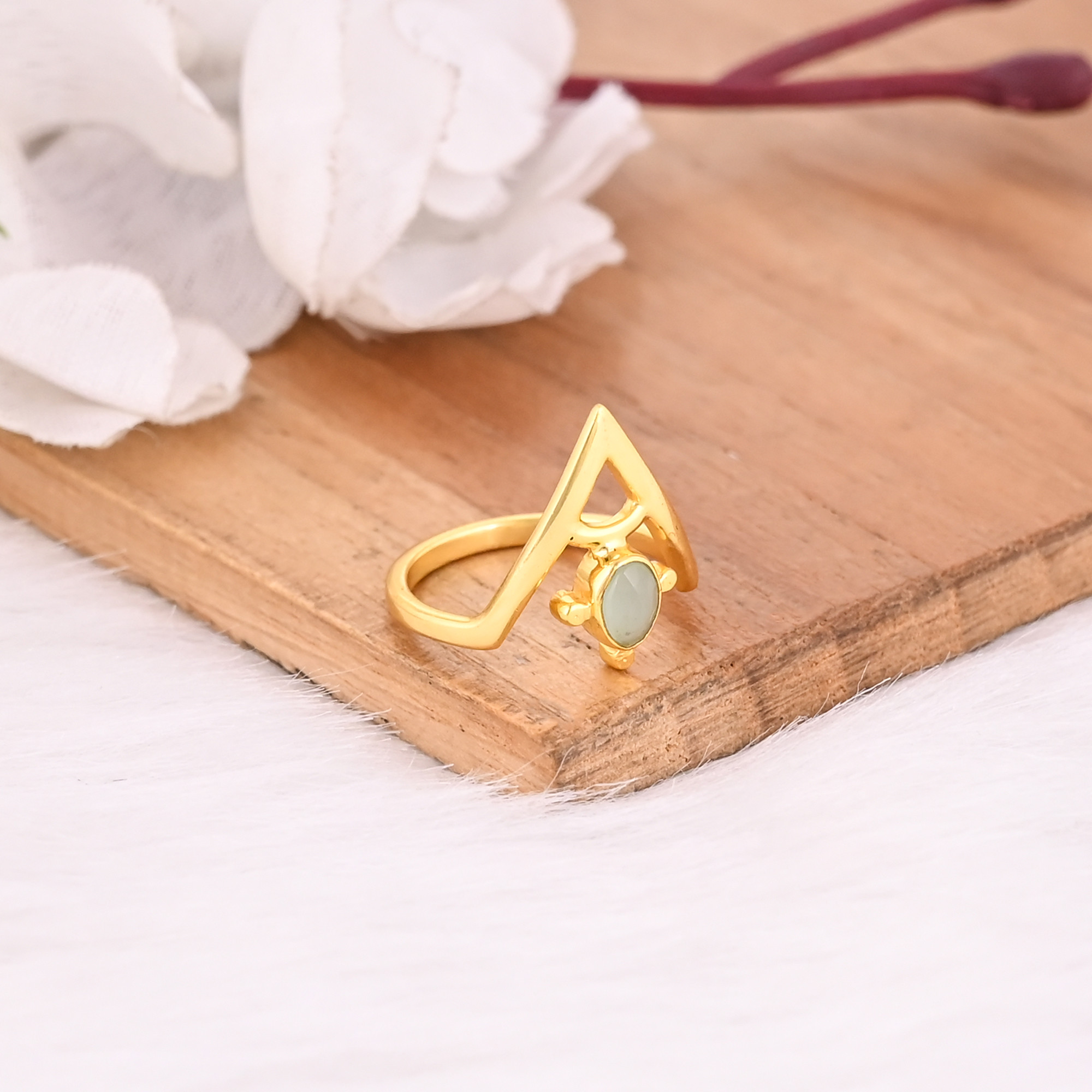 Aqua Chalcedony Gemstone Solid 925 Sterling Silver Yellow Gold Plated Handmade Boho Ring Statement Jewelry