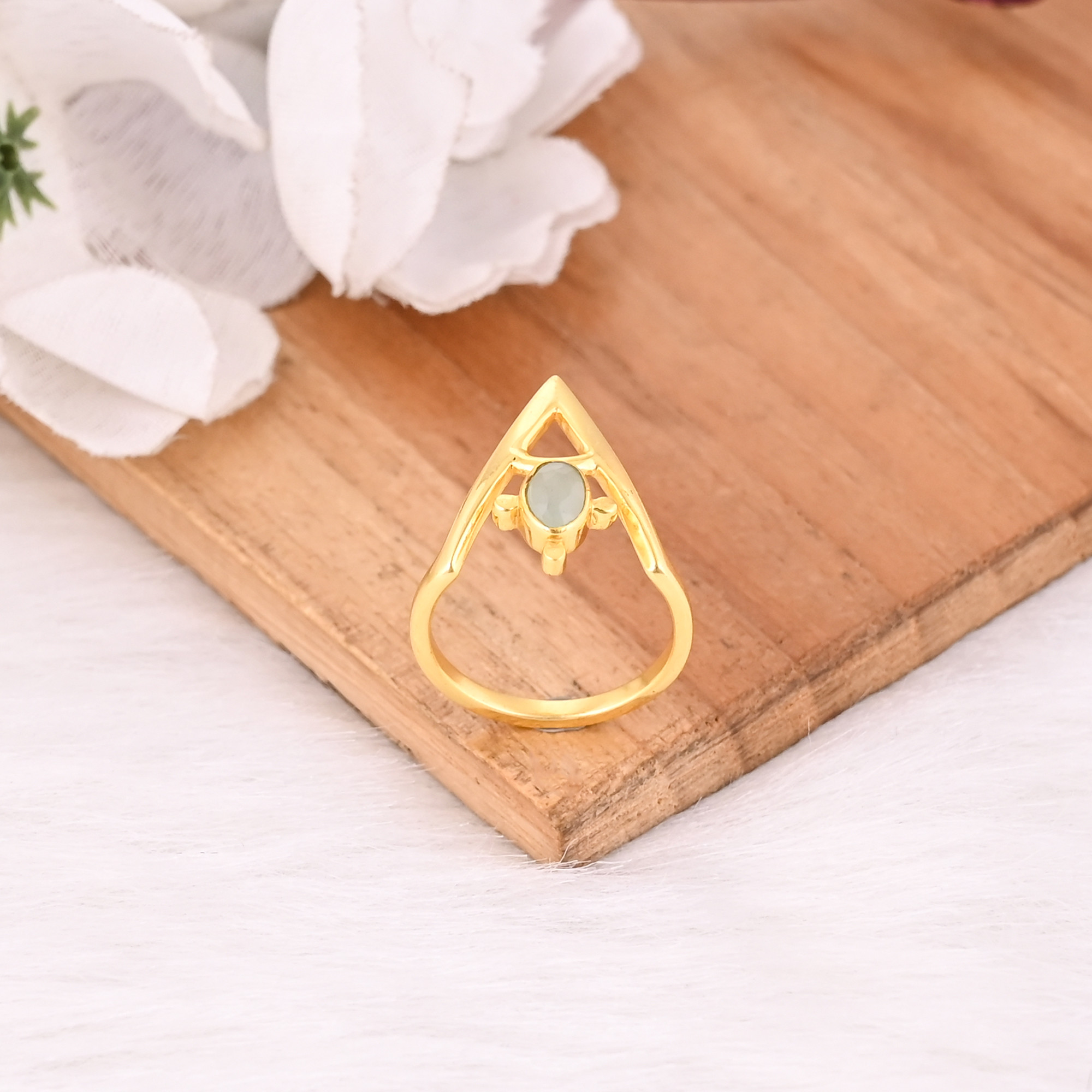 Aqua Chalcedony Gemstone Solid 925 Sterling Silver Yellow Gold Plated Handmade Boho Ring Statement Jewelry