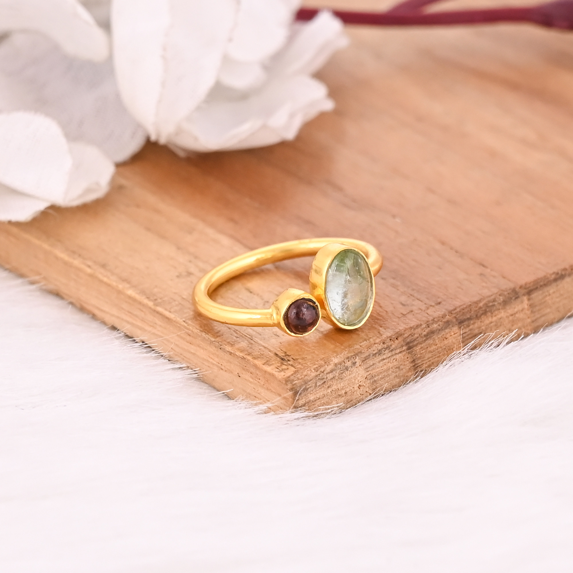 Natural Tourmaline Gemstone Solid 925 Sterling Silver Yellow Gold Plated Adjustable Ring Engagement Gift Jewelry
