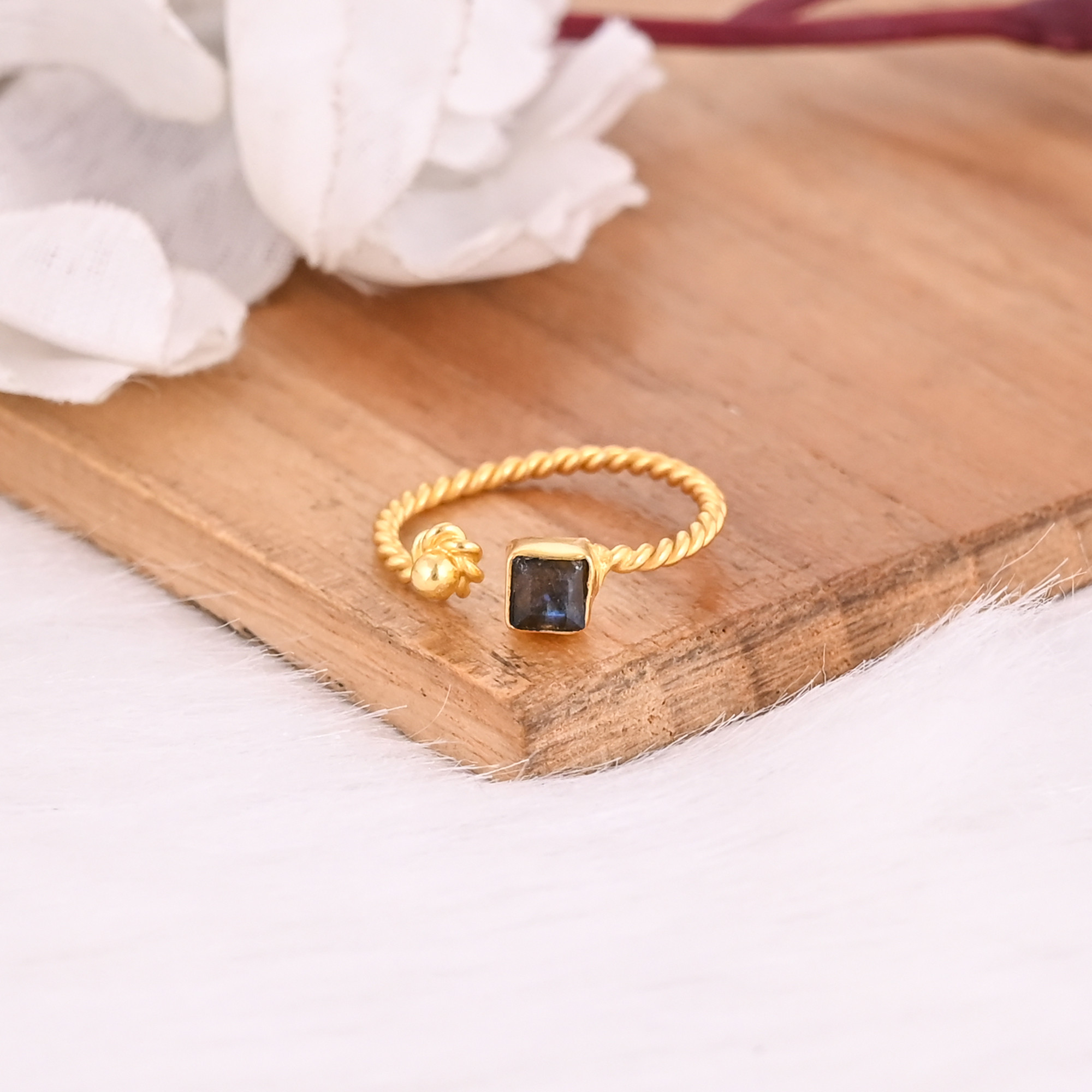 Natural Labradorite Gemstone Solid 925 Sterling Silver Yellow Gold Plated Handmade Boho Ring Adjustable Jewelry