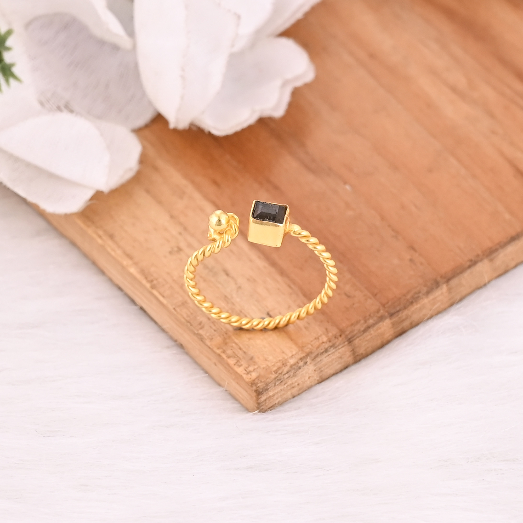 Natural Labradorite Gemstone Solid 925 Sterling Silver Yellow Gold Plated Handmade Boho Ring Adjustable Jewelry