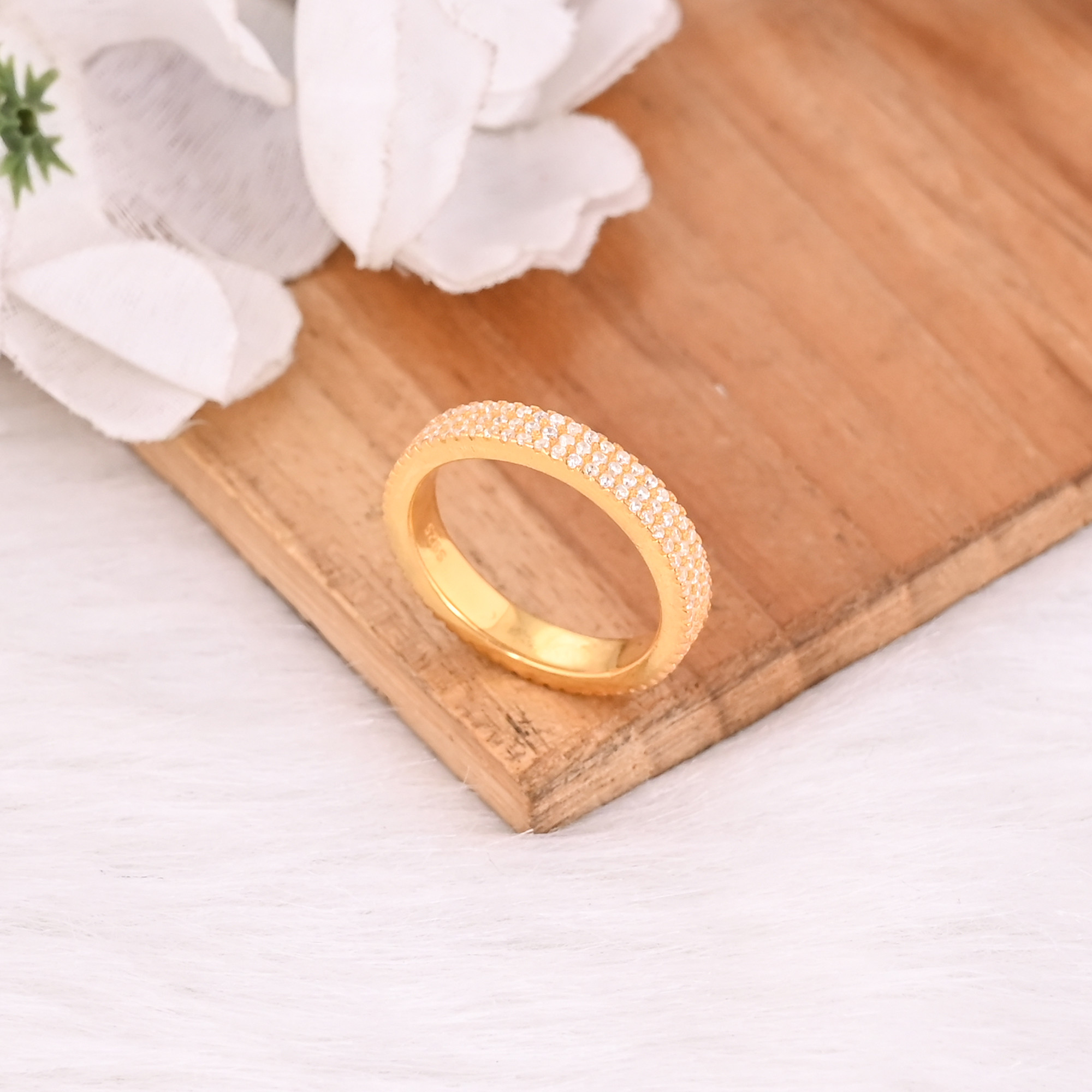 White Cz Solid 925 Sterling Silver Yellow Gold Plated Handmade Designer Band Ring Wedding Engagement Gift