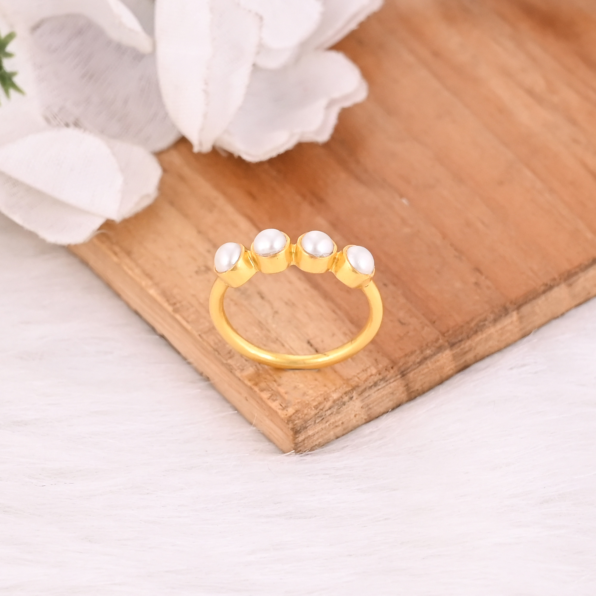 Natural White Pearl Round Gemstone Solid 925 Sterling Silver Yellow Gold Plated Eternity Band Handmade Ring