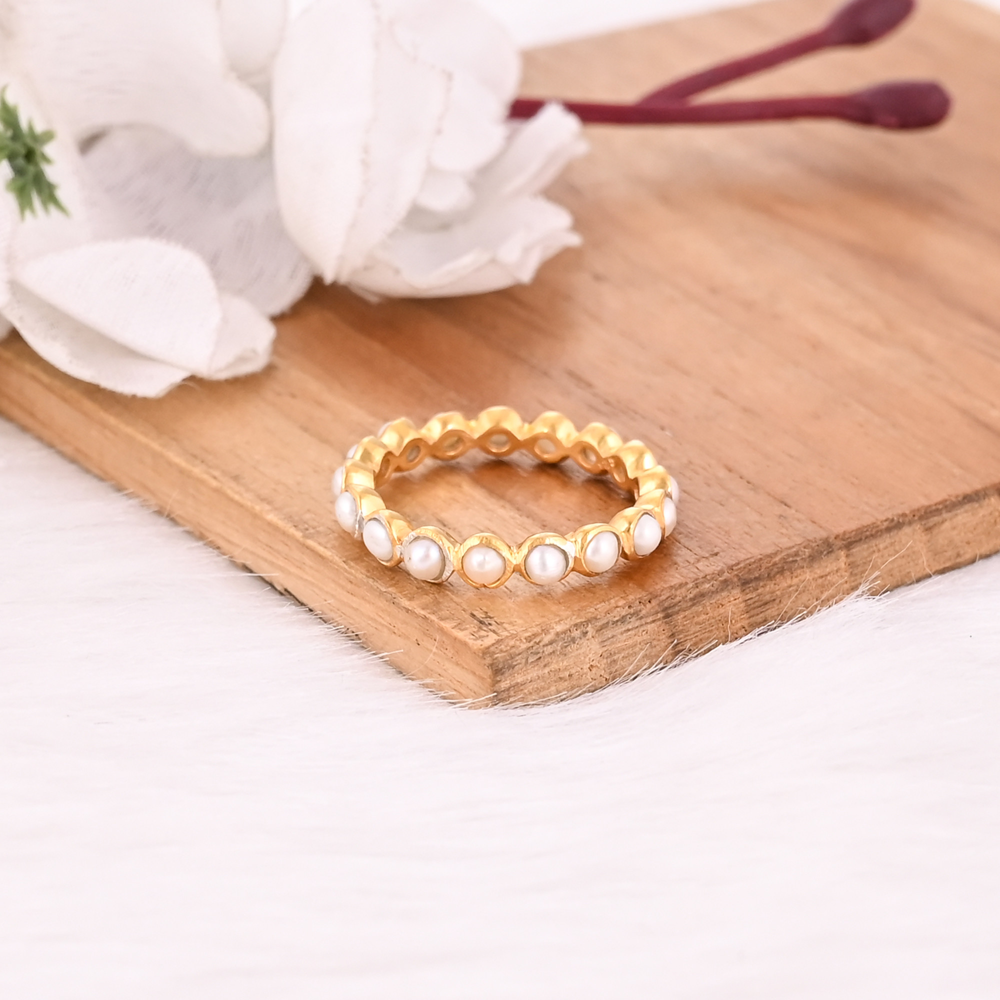 Natural White Pearl Round Gemstone Solid 925 Sterling Silver Yellow Gold Plated Eternity Band Ring Gift For Her