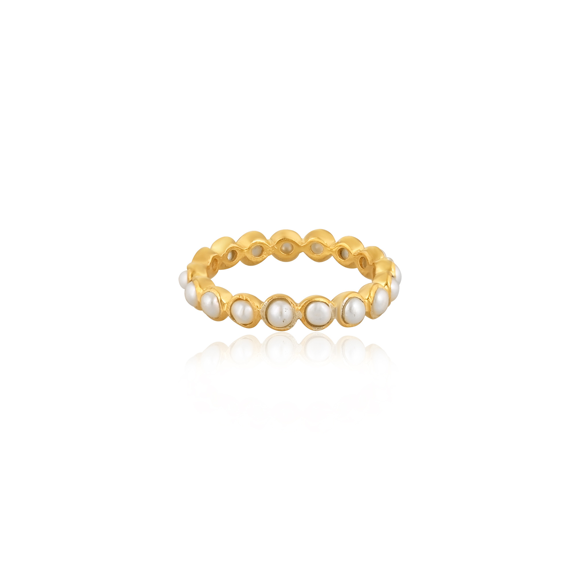 Natural White Pearl Round Gemstone Solid 925 Sterling Silver Yellow Gold Plated Eternity Band Ring Gift For Her