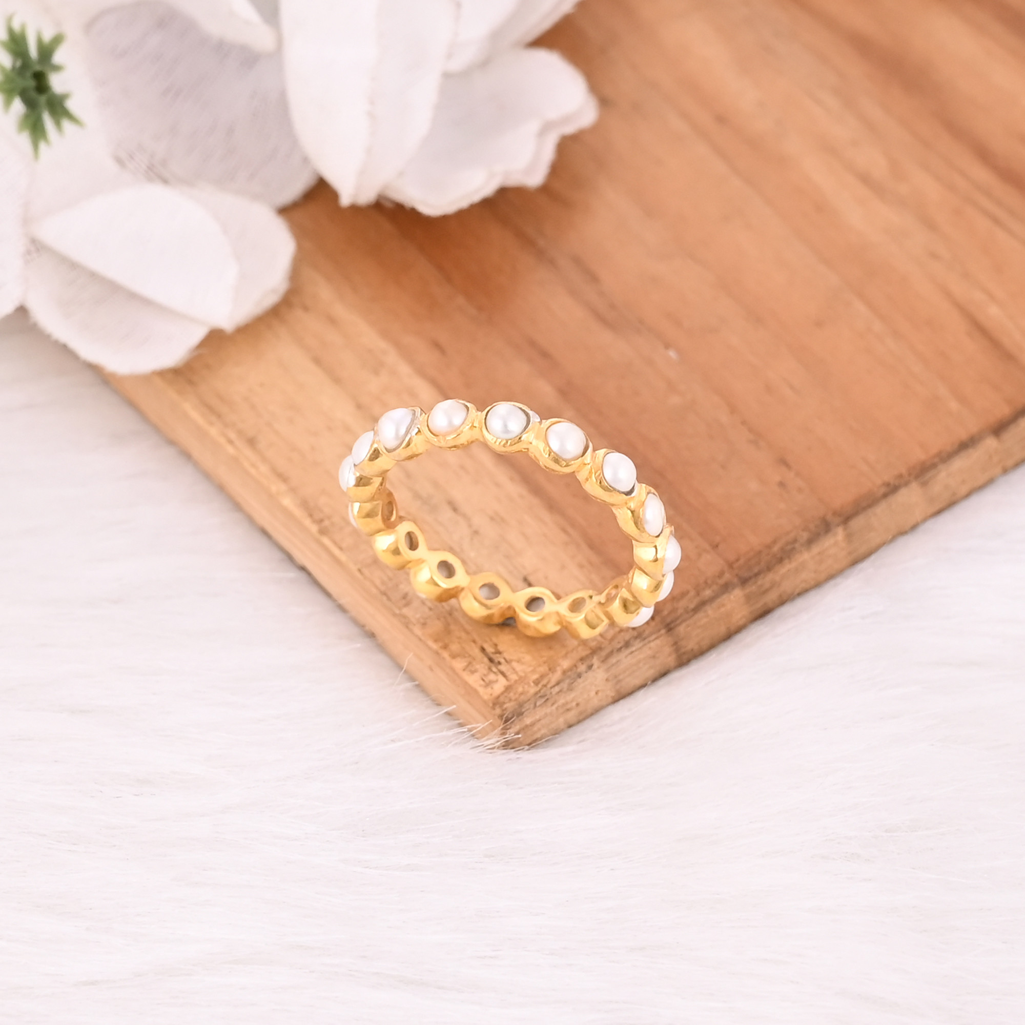 Natural White Pearl Round Gemstone Solid 925 Sterling Silver Yellow Gold Plated Eternity Band Ring Gift For Her