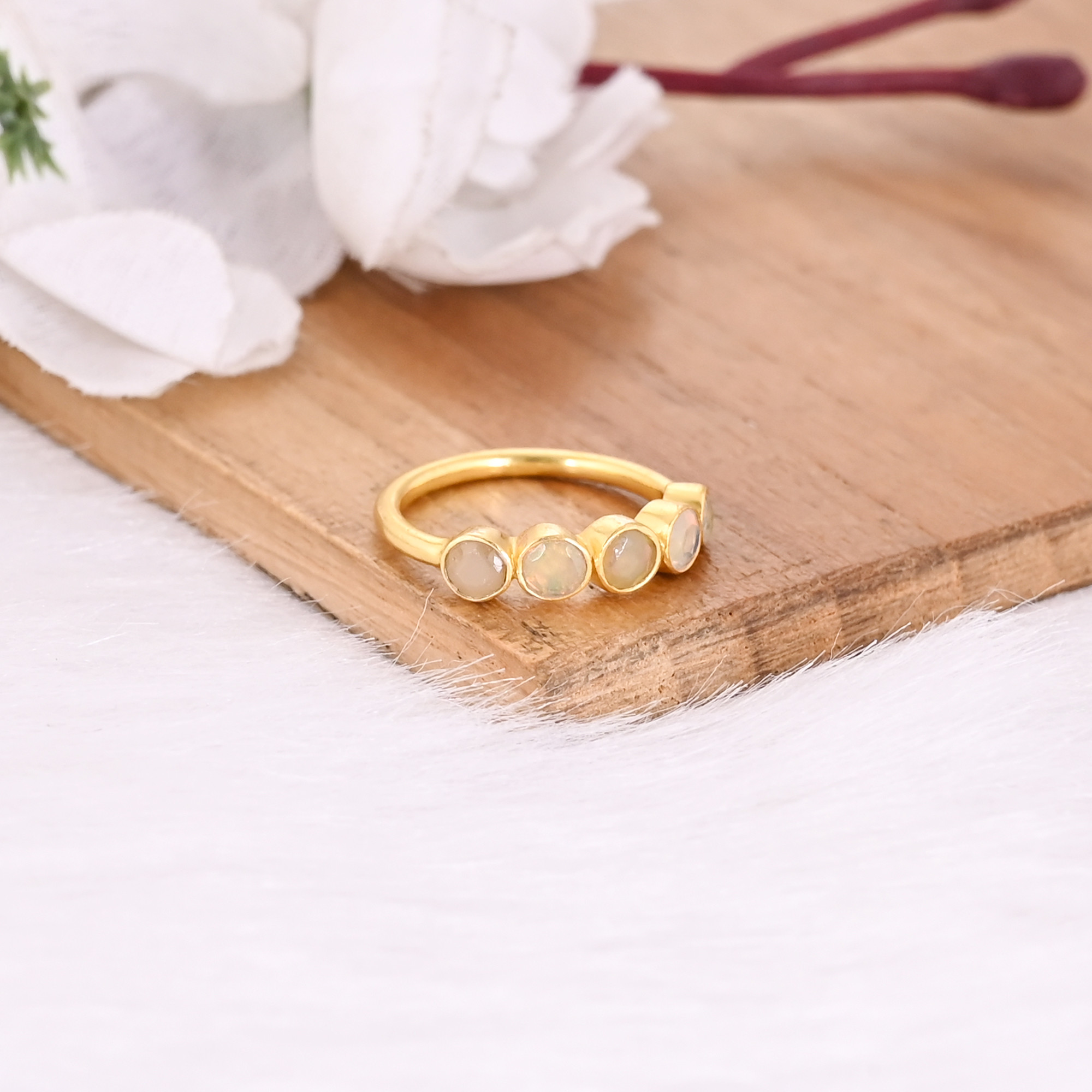 Natural Ethiopian Opal Gemstone Solid 925 Sterling Silver Yellow Gold Plated Designer Band Eternity Ring