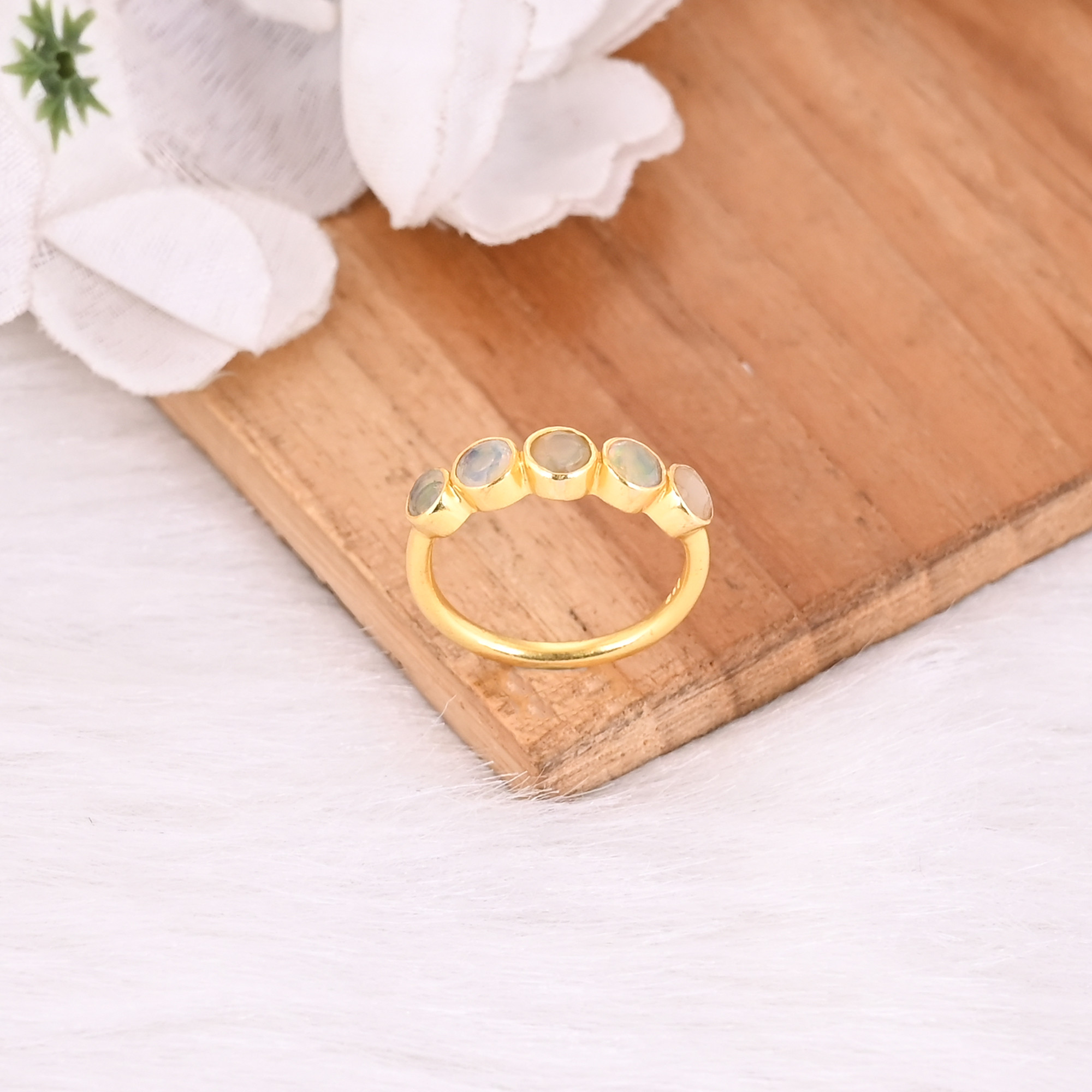 Natural Ethiopian Opal Gemstone Solid 925 Sterling Silver Yellow Gold Plated Designer Band Eternity Ring