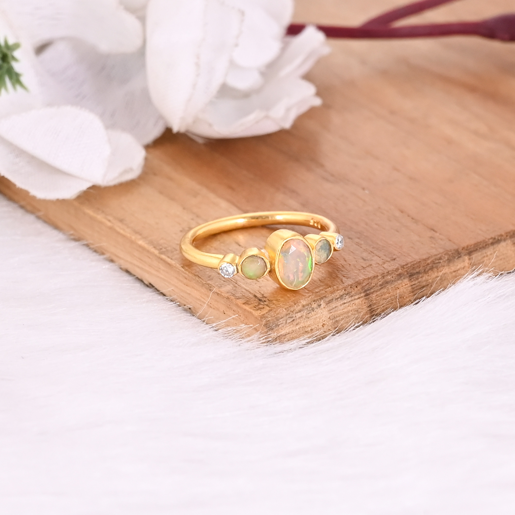Natural Ethiopian Opal Gemstone Solid 925 Sterling Silver Yellow Gold Plated Minimalist Ring Perfect Gifts