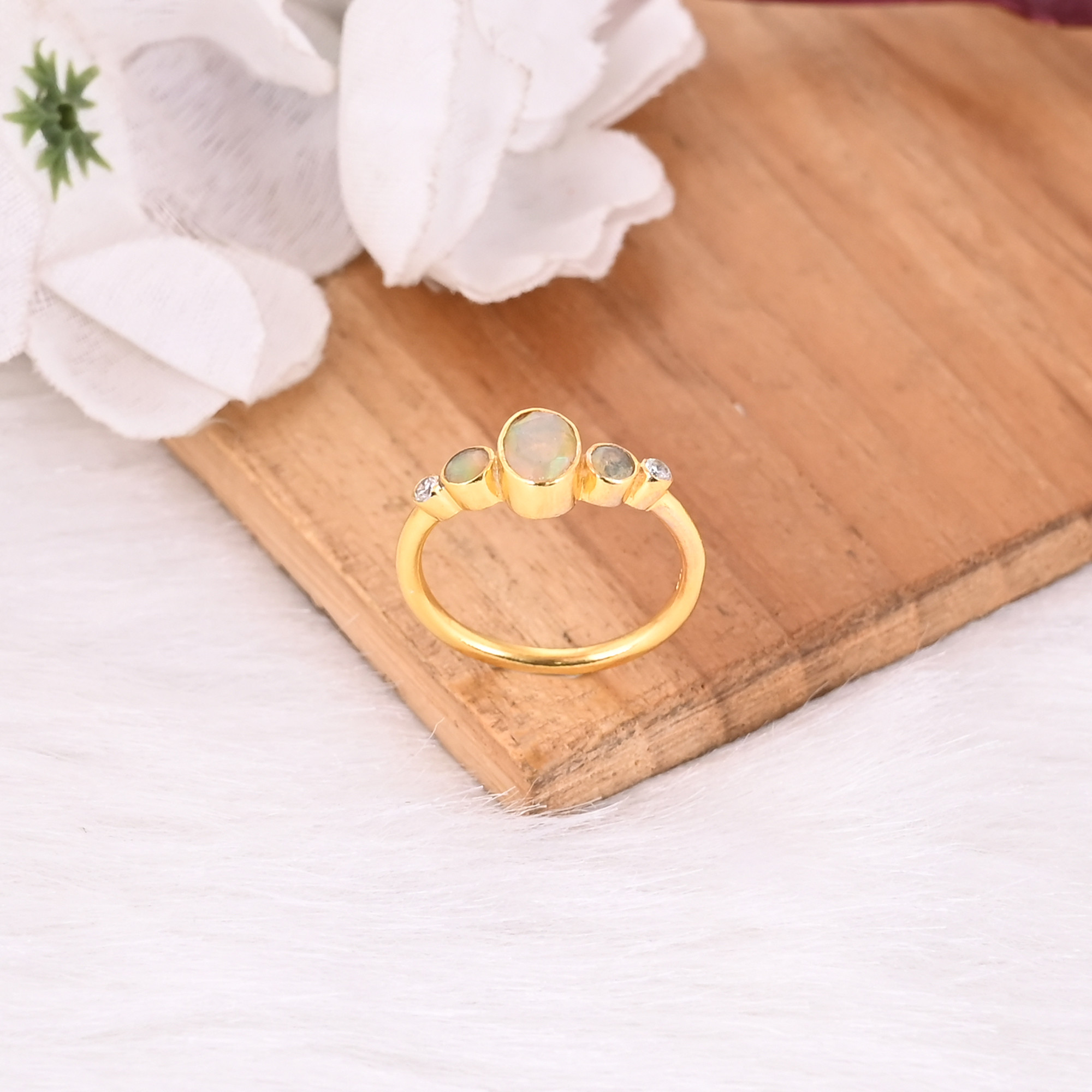 Natural Ethiopian Opal Gemstone Solid 925 Sterling Silver Yellow Gold Plated Minimalist Ring Perfect Gifts