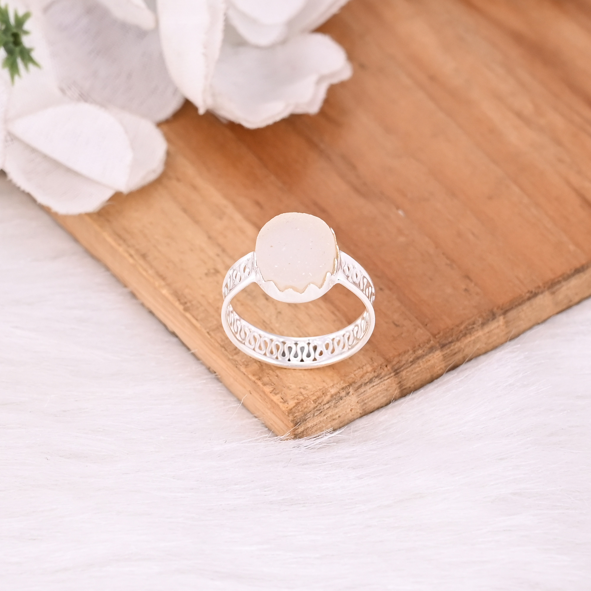 White Druzy Gemstone Solid 925 Sterling Silver Silver Plated Handmade Designer Wedding Jewelry Rough Stone Jewelry