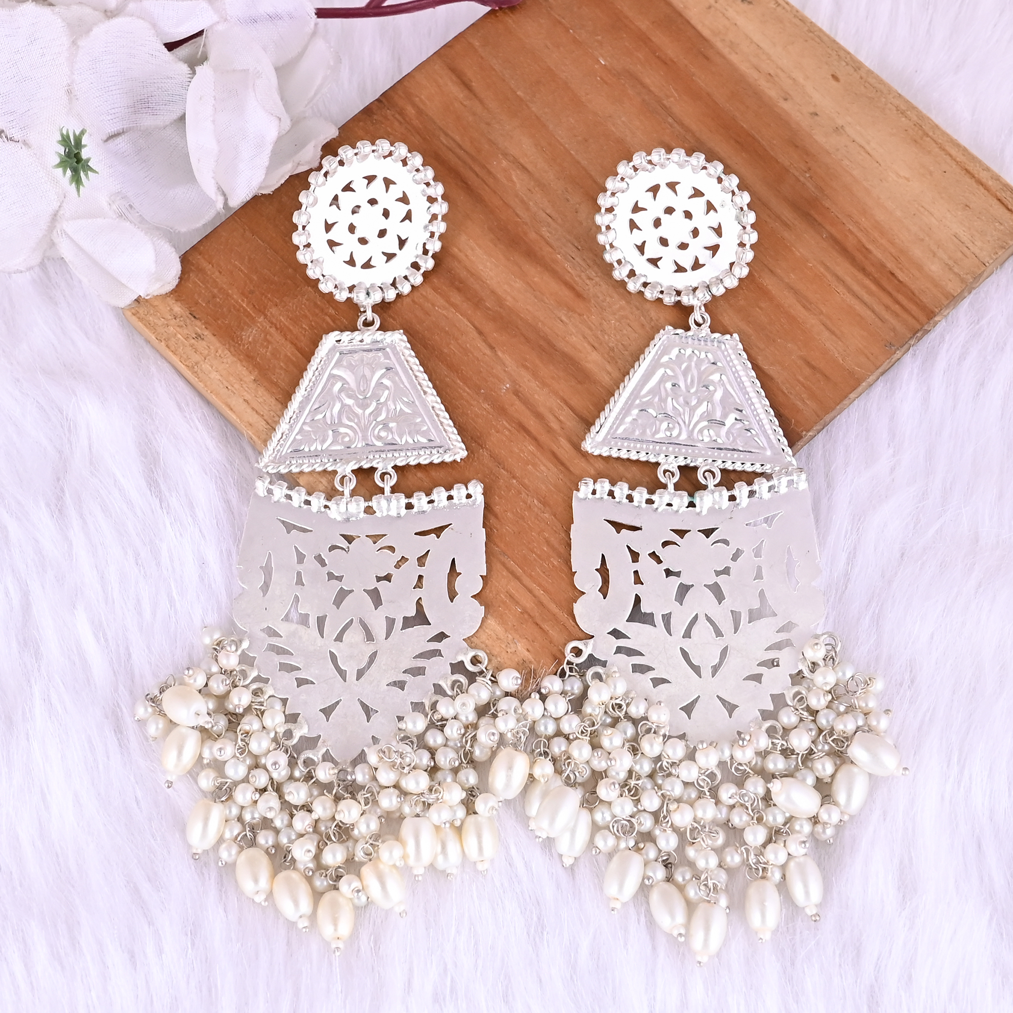 Traditional Pearl Ethnic Long Drop Earrings   Silver Plated Brass