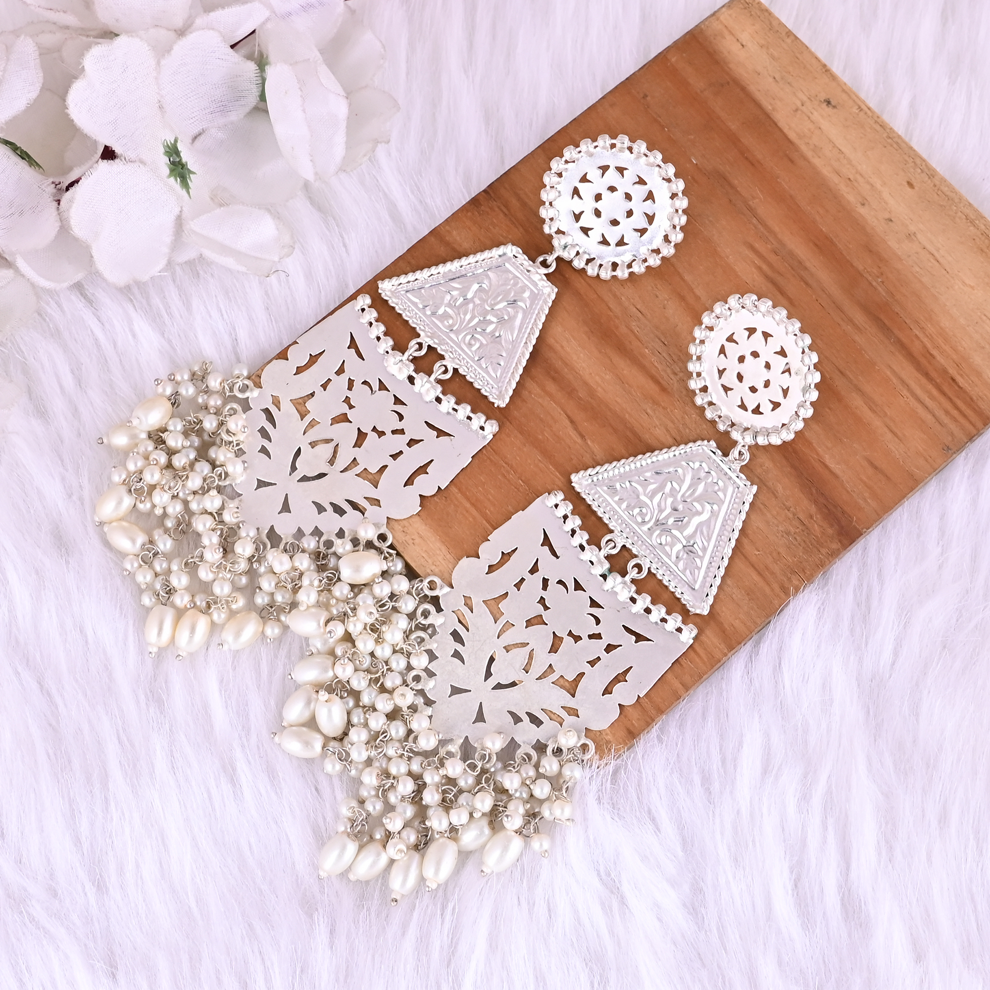 Traditional Pearl Ethnic Long Drop Earrings Silver Plated Brass