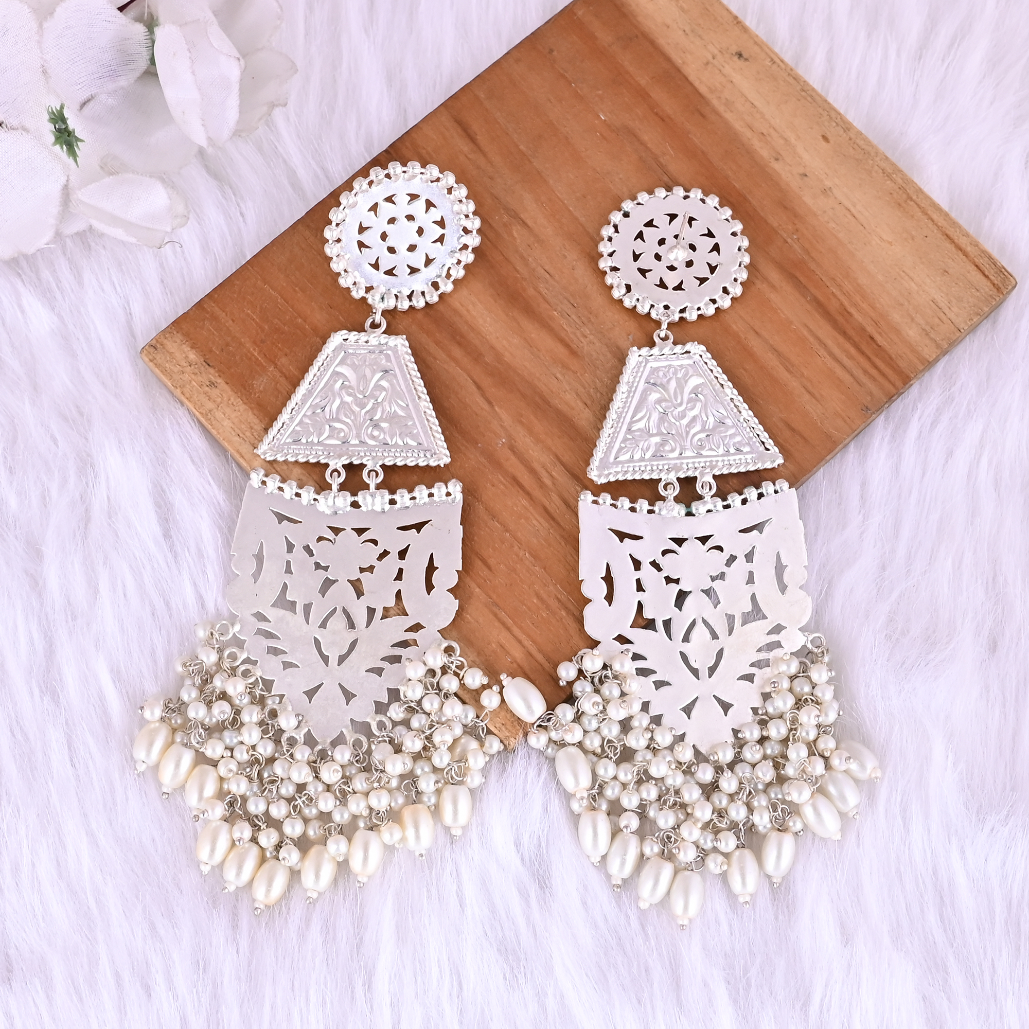 Traditional Pearl Ethnic Long Drop Earrings   Silver Plated Brass