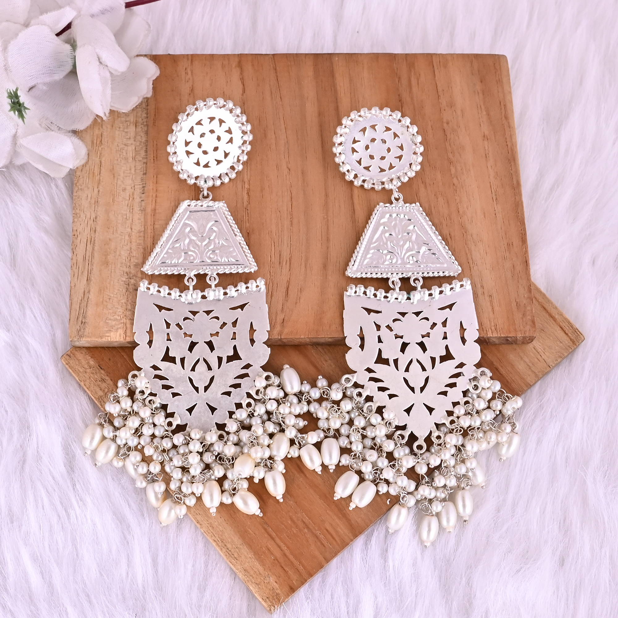 Traditional Pearl Ethnic Long Drop Earrings   Silver Plated Brass