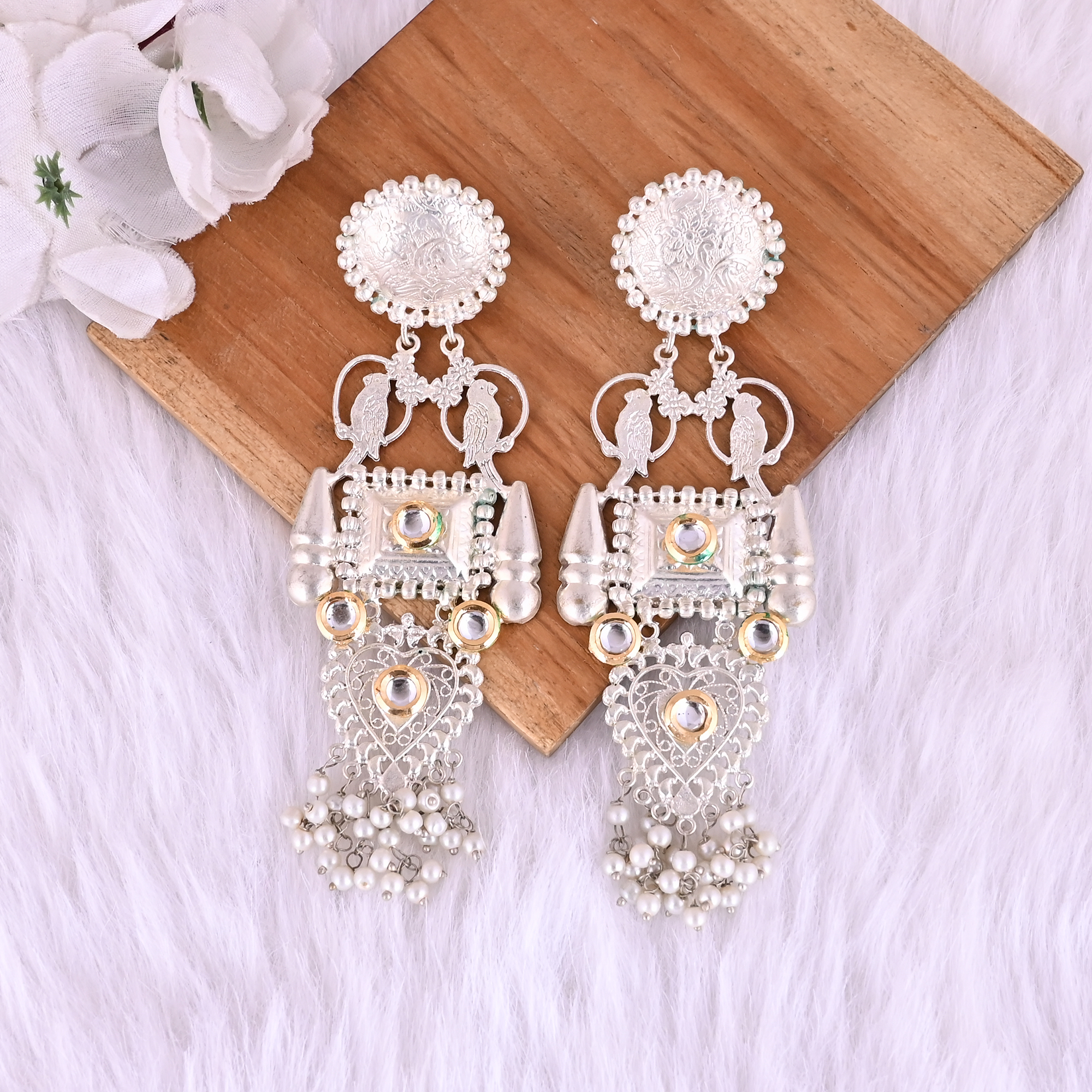 Traditional Kundan  Pearl Ethnic Long Drop Earrings   Silver Plated Brass