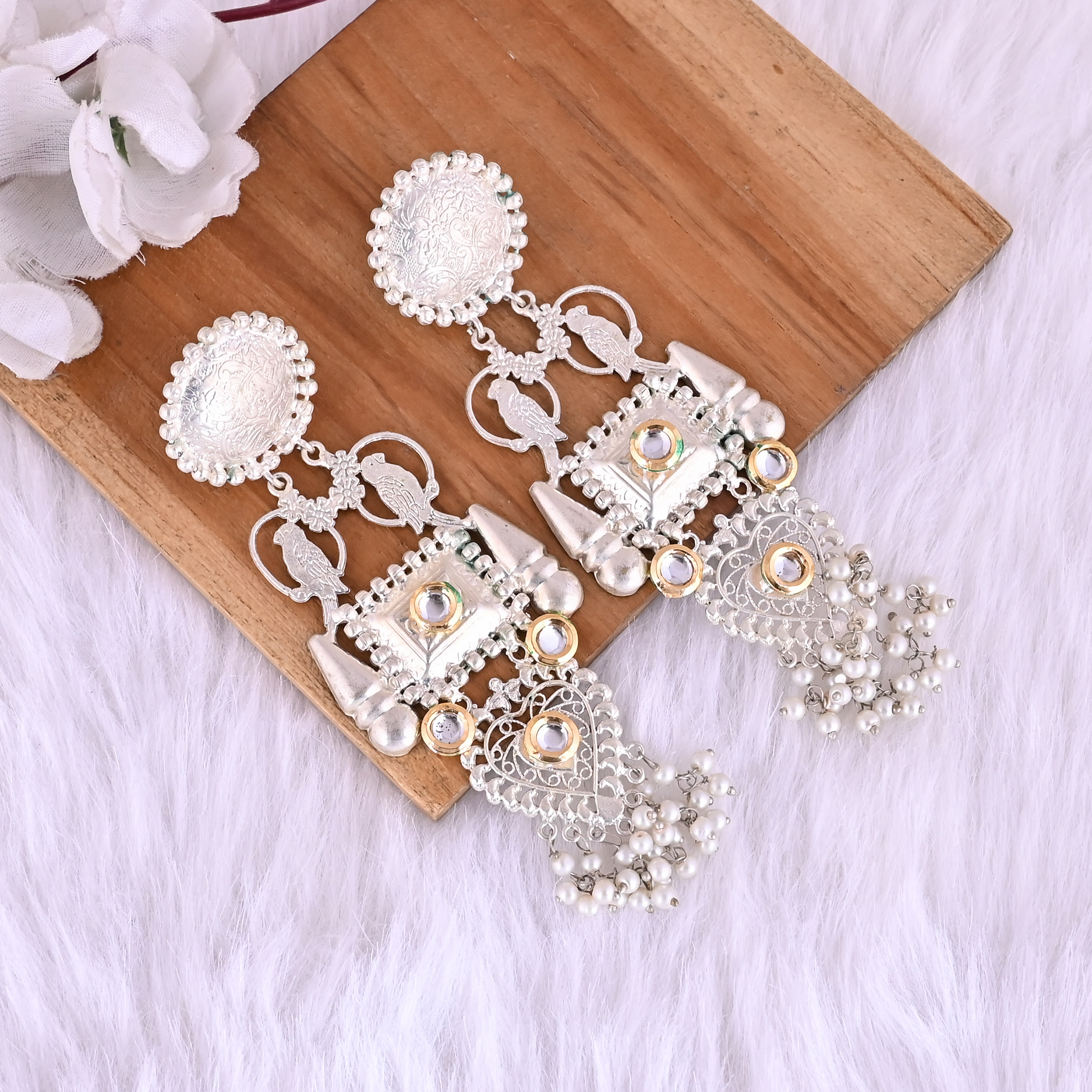 Traditional Kundan  Pearl Ethnic Long Drop Earrings   Silver Plated Brass