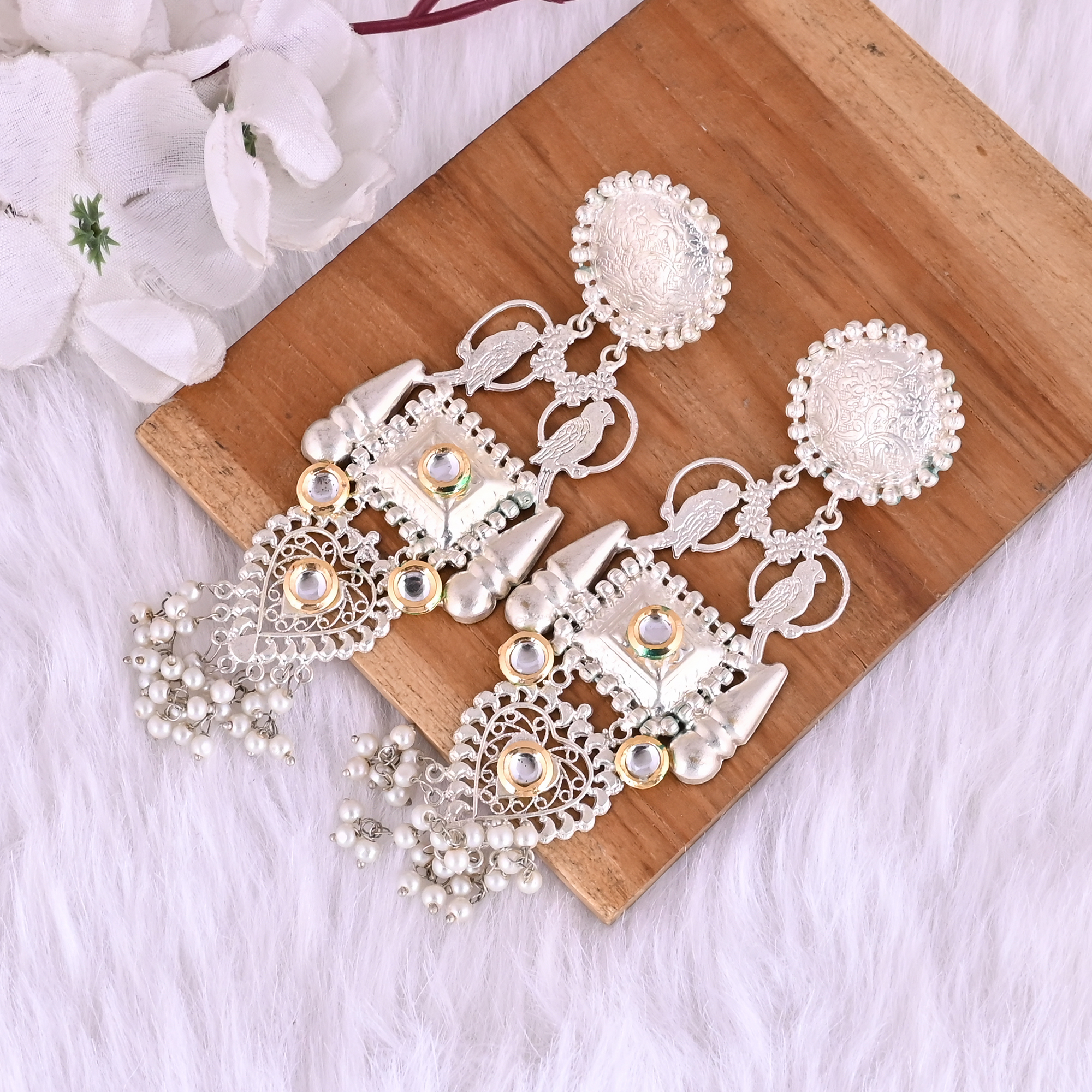 Traditional Kundan Pearl Ethnic Long Drop Earrings Silver Plated Brass