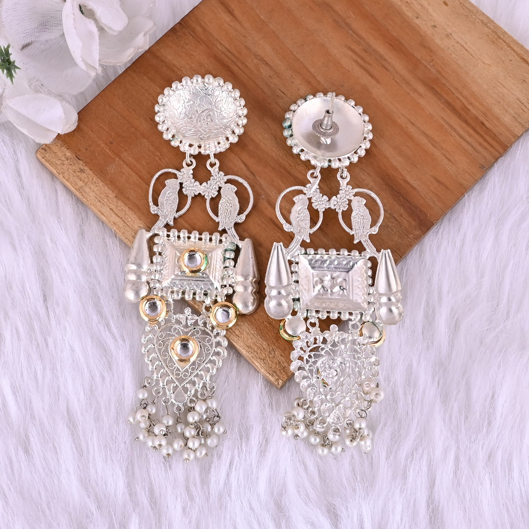 Traditional Kundan Pearl Ethnic Long Drop Earrings Silver Plated Brass