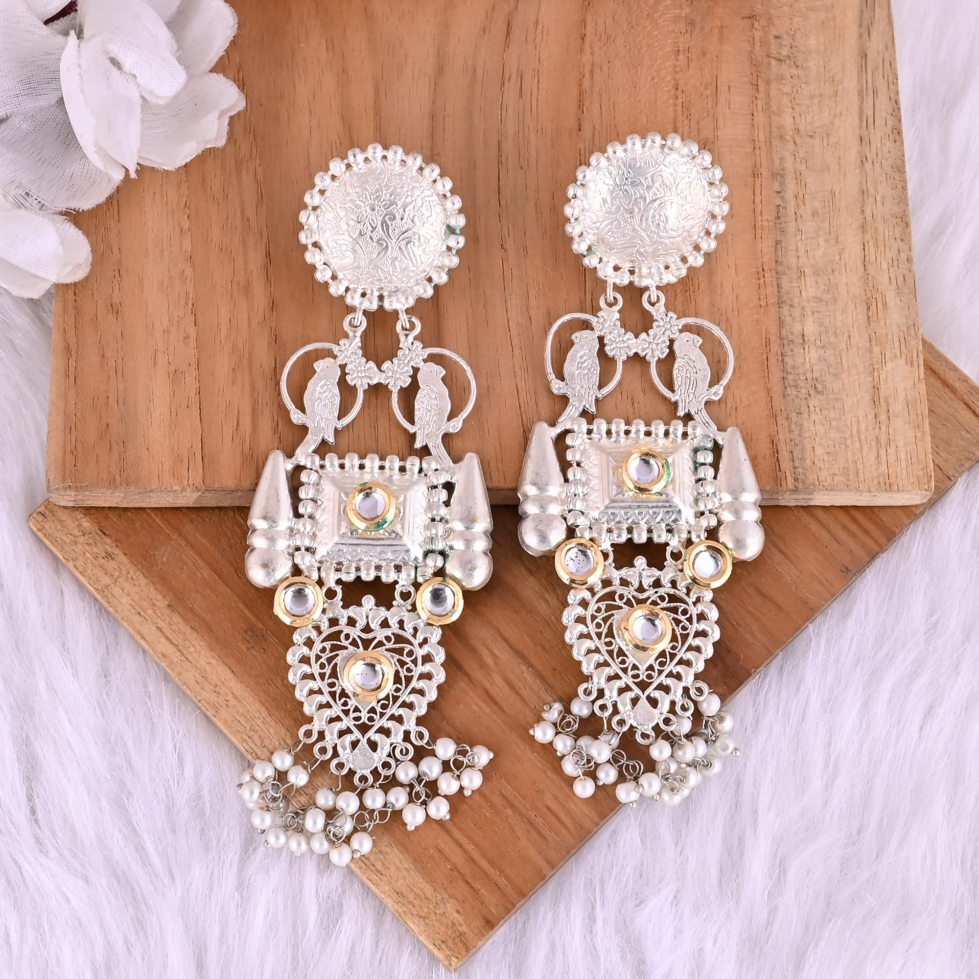 Traditional Kundan Pearl Ethnic Long Drop Earrings Silver Plated Brass