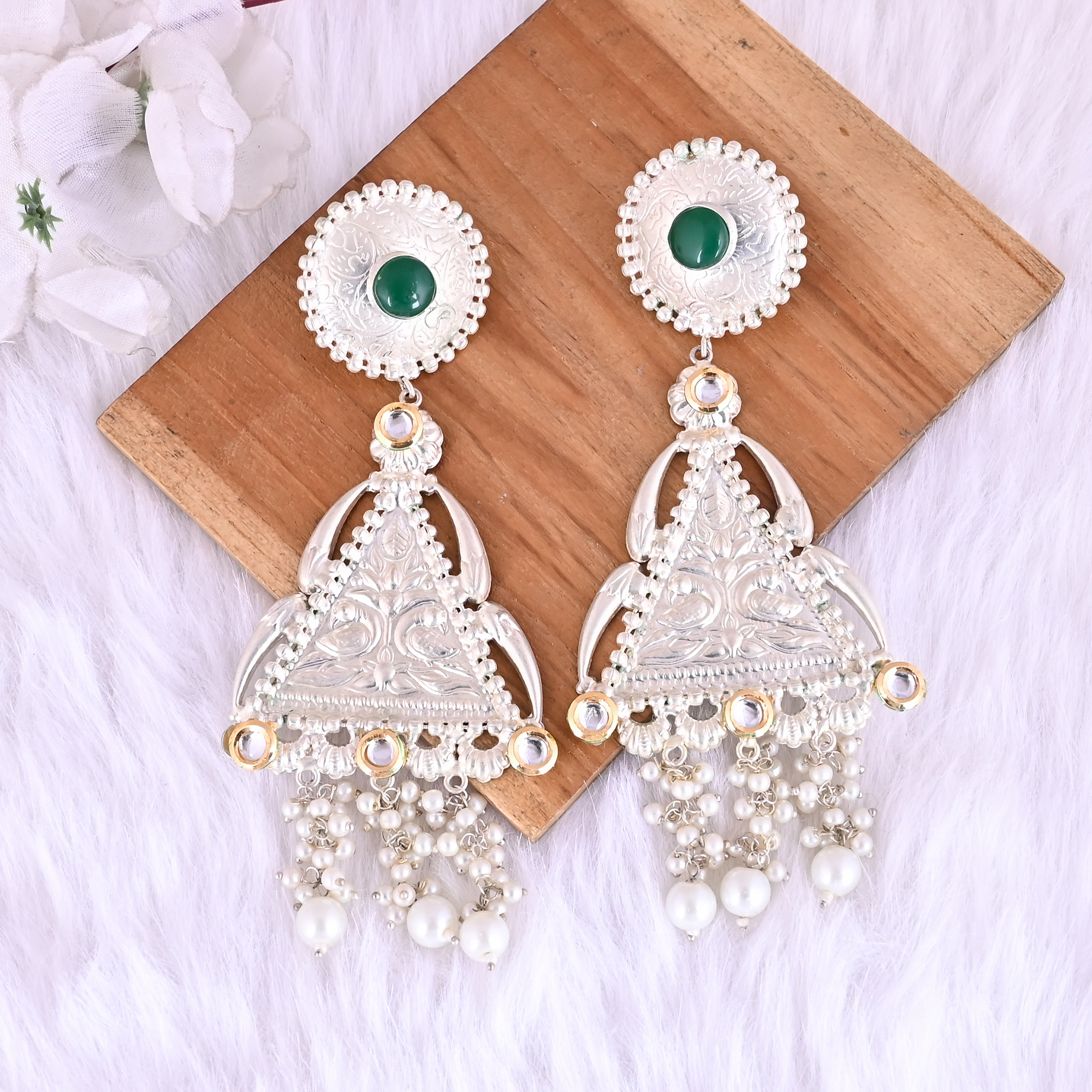 Green Onyx Kundan Pearl Ethnic Drop Earrings Silver Plated Brass Jewelry