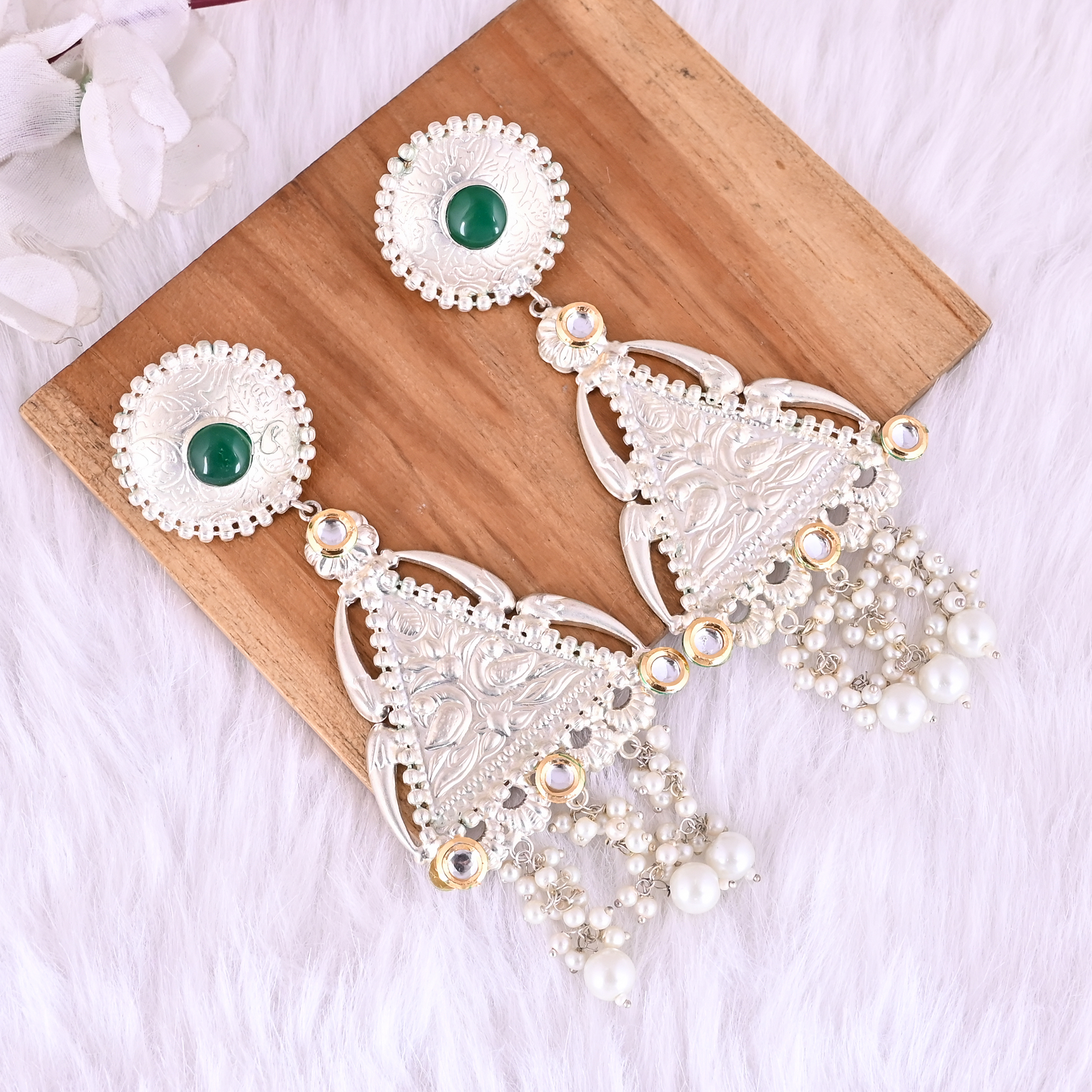 Green Onyx Kundan Pearl Ethnic Drop Earrings Silver Plated Brass Jewelry