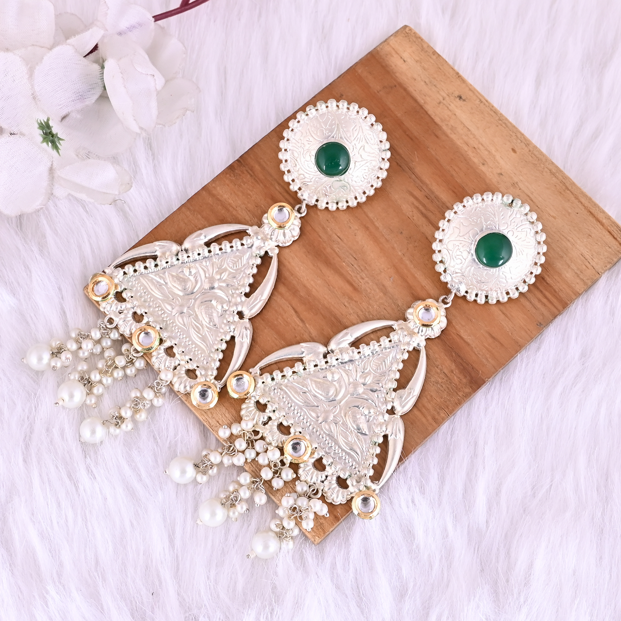Green Onyx  Kundan  Pearl Ethnic Drop Earrings  Silver Plated Brass Jewelry