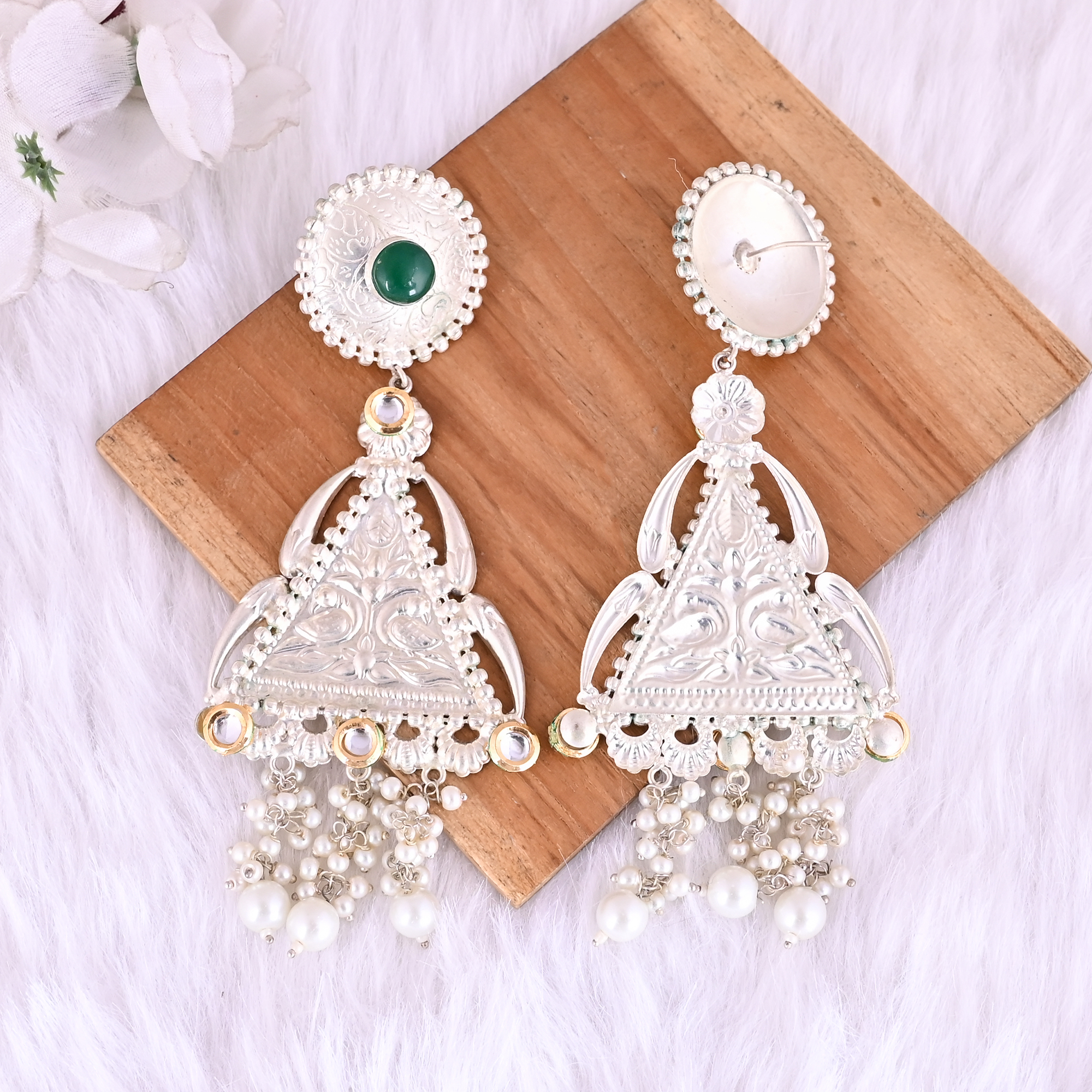Green Onyx  Kundan  Pearl Ethnic Drop Earrings  Silver Plated Brass Jewelry