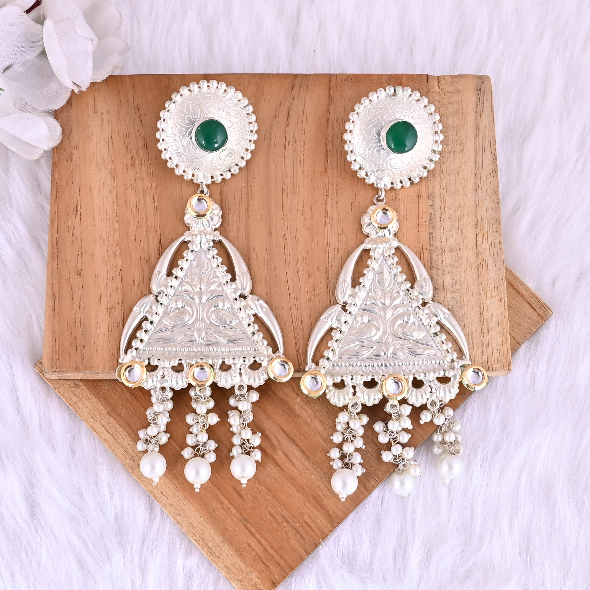 Green Onyx  Kundan  Pearl Ethnic Drop Earrings  Silver Plated Brass Jewelry